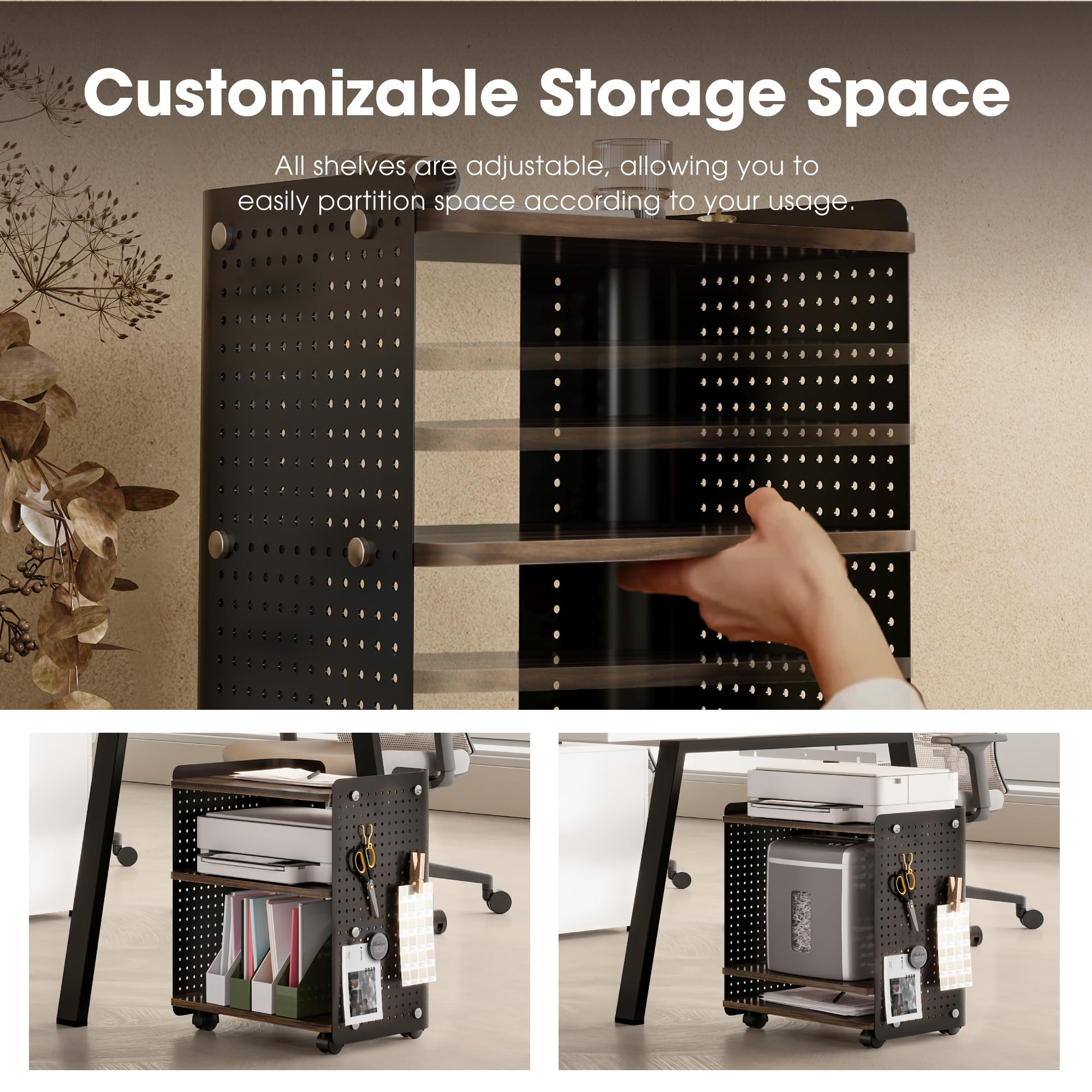 Heavy Duty 3D Printer Stand with Adjustable Shelf & Wheels - 22x18 Inch Rolling Printer Cart, 3 Tier Pegboard Storage Organizer for Home Office - Perfect for 3D Printing Workspace & Craft Room Organization