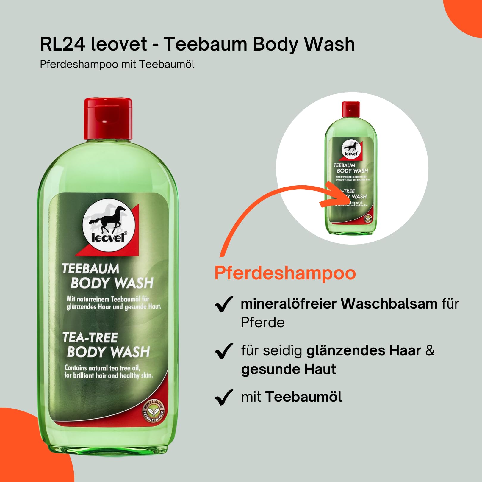 RL24 Leovet Tea Tree Body Wash for Horses - Soothes Itching & Skin Irritation - Natural Horse Shampoo with Tea Tree Oil - Nourishes Skin & Coat - 2 x 500ml Bottles (2-Pack) - Ideal for Grooming, Show Prep & Daily Horse Care
