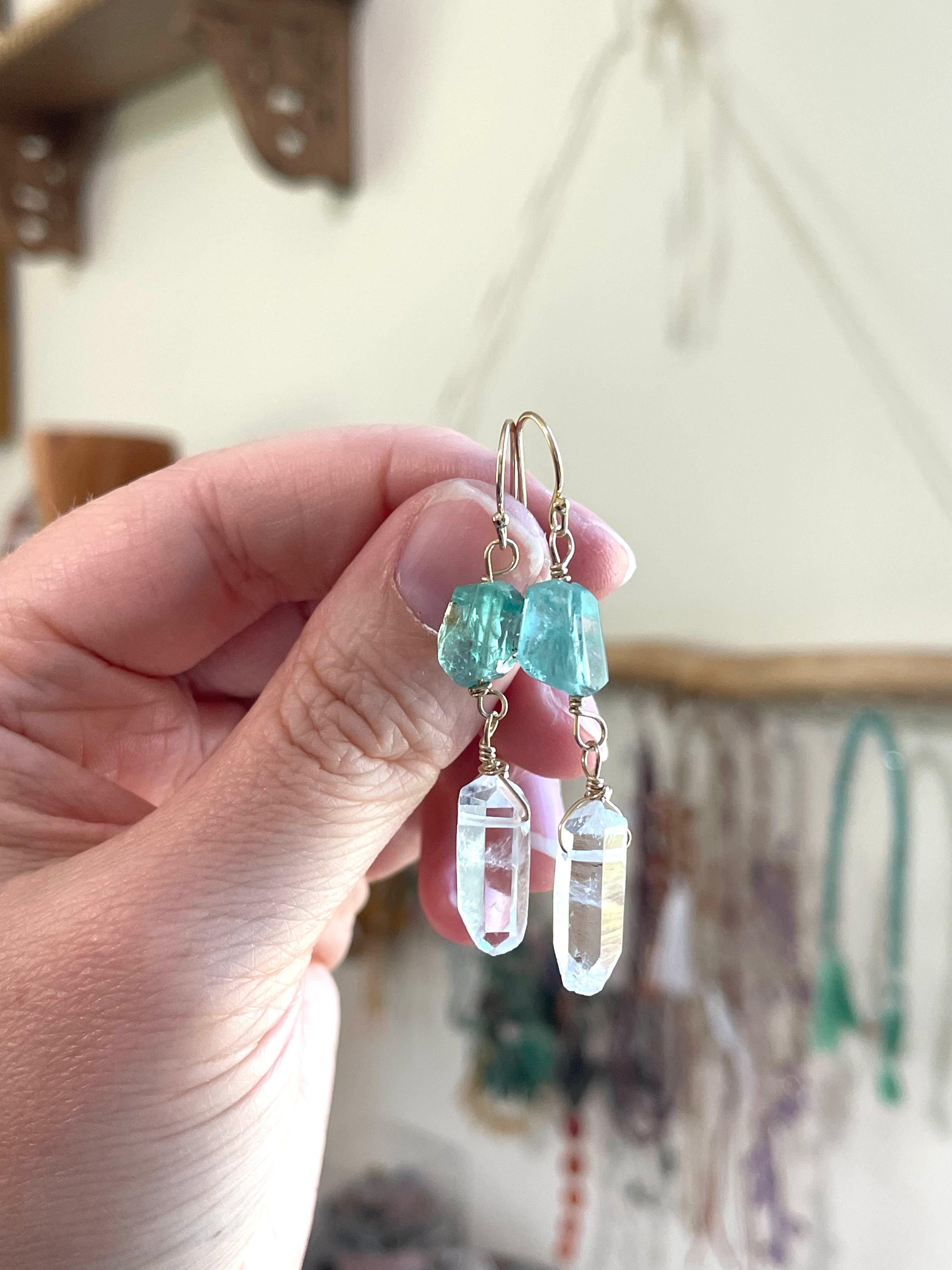Natural Apatite & Clear Quartz Crystal Earrings in 14K Gold Fill - Elegant Healing Jewelry for Women, Perfect for Everyday Wear, Meditation & Gifting