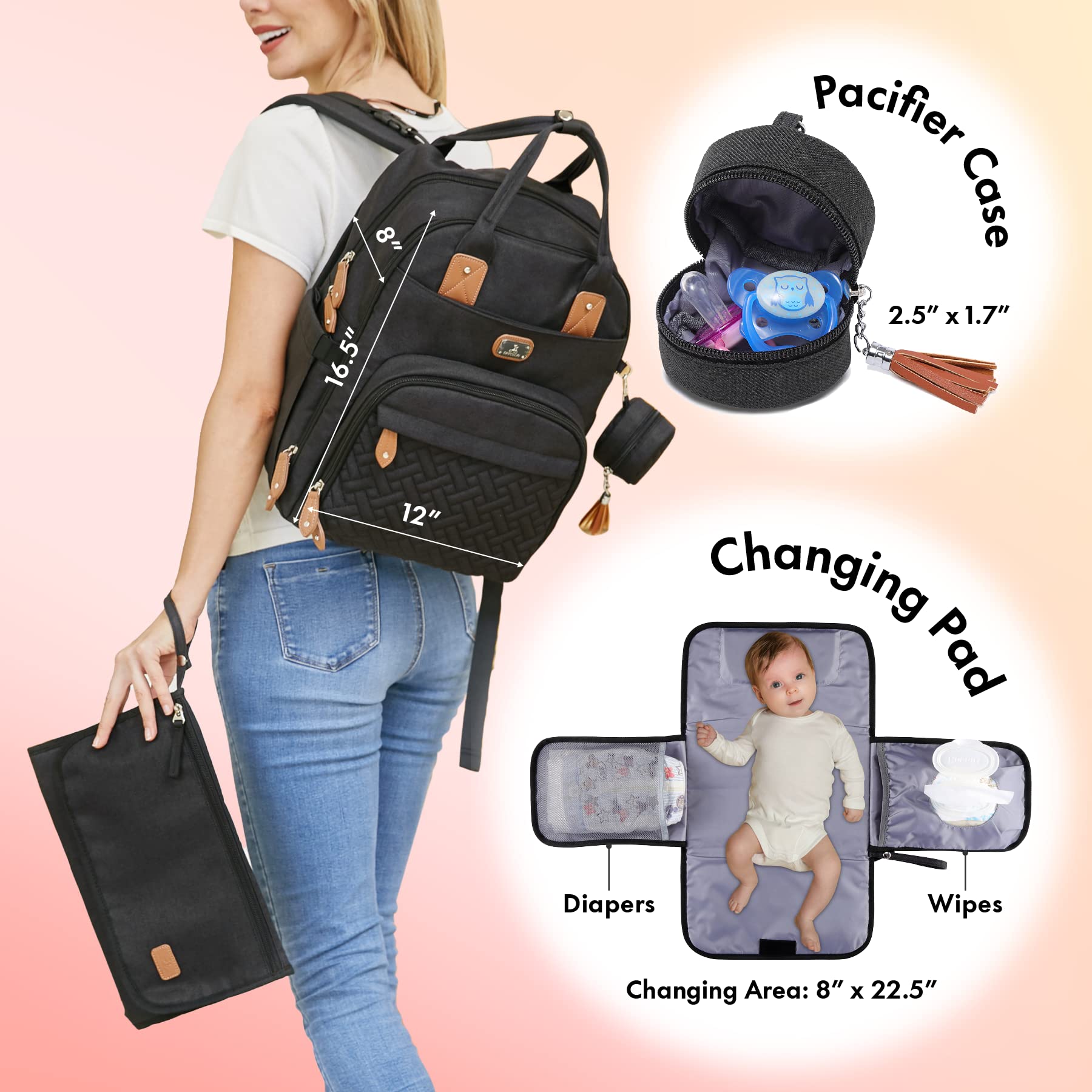 Diaper Bag Backpack with Changing Pad & Stroller Straps - Large Unisex Baby Bag for Boys & Girls - Waterproof Travel Backpack for Moms & Dads - Perfect for Daycare, Travel & Outings - Black
