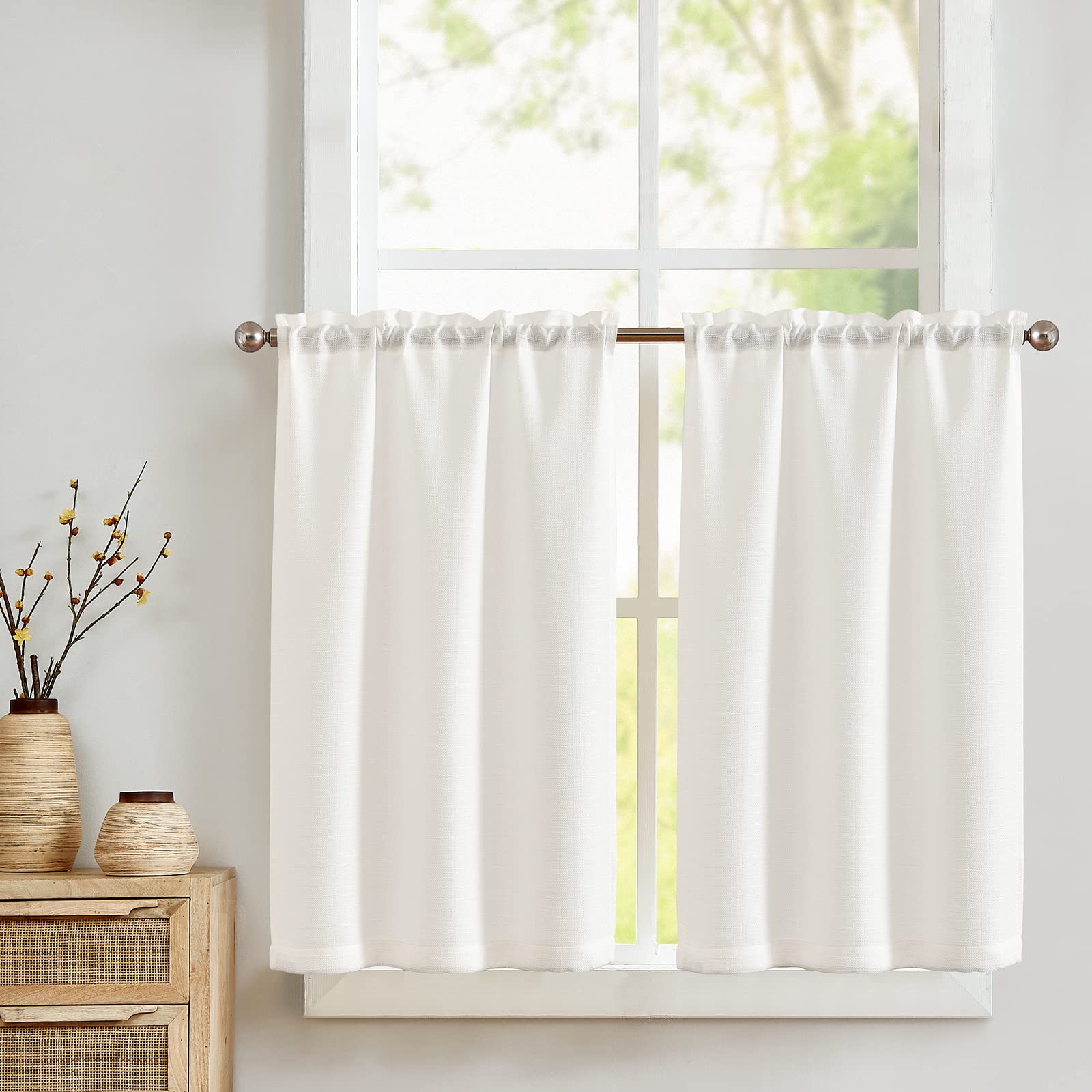 COLLACT 36 Inch Linen Textured Tier Curtains - Light Filtering Short Cafe Curtains for Kitchen & Bathroom Windows, Farmhouse Style Rod Pocket Window Treatments (Set of 2 Panels, White) - Perfect for Country Homes, Small Windows & Cozy Spaces