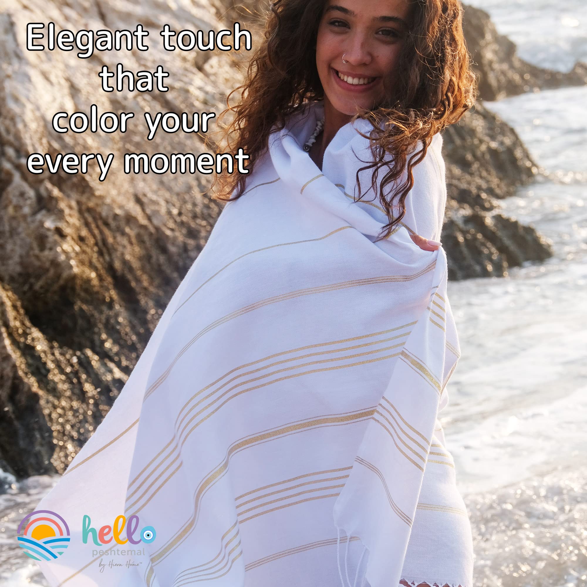 Premium Prewashed 100% Turkish Cotton Peshtemal Towel - 39x71 Inches (Gold Stripe on White) | Ultra Soft & Absorbent Bath, Beach & Spa Towel | Lightweight Quick-Dry for Travel, Yoga & Poolside Use