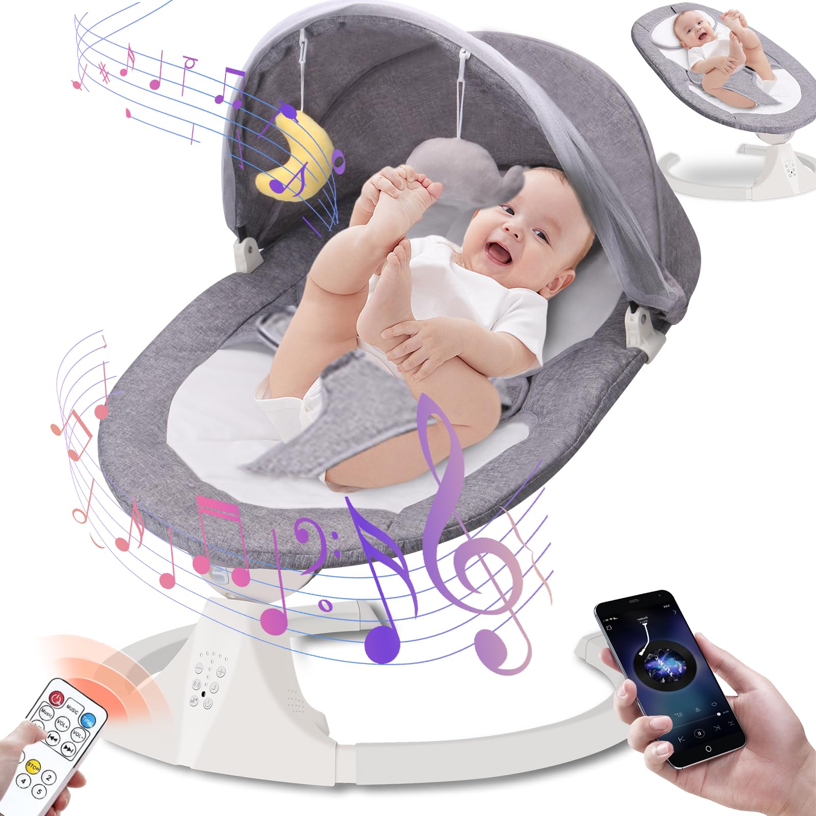 **Best Electric Baby Swing for Infants 0-12 Months - Portable Bluetooth Baby Bouncer with 5 Speed Settings & 10 Soothing Lullabies - Plug-in Newborn Swing for Indoor & Outdoor Use (Grey) - Perfect for Nursery, Travel & Relaxation**