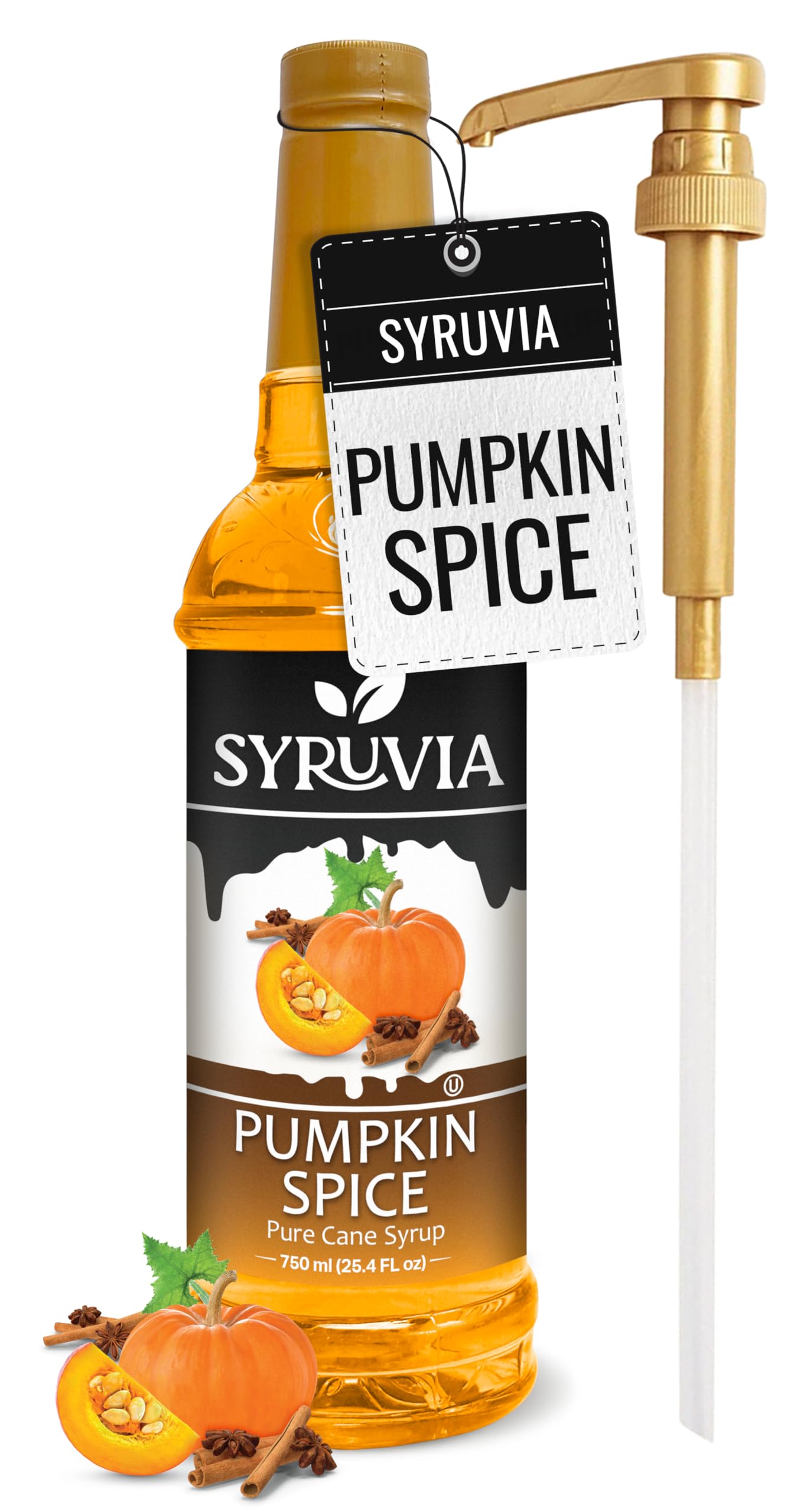 Syruvia Pumpkin Spice Syrup - 25.4 fl oz Kosher & Gluten Free Coffee Flavoring for Lattes, Baking, Cocktails & Desserts | Perfect for Fall Drinks, Pumpkin Spice Lattes & Holiday Recipes | Includes Free Syrup Pump