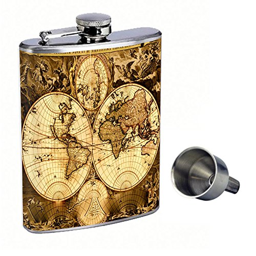8oz Stainless Steel Whiskey Flask with Free Funnel - Vintage World Maps Design - Leak Proof & Durable - Perfect for Travel, Camping, Gifts & Outdoor Adventures