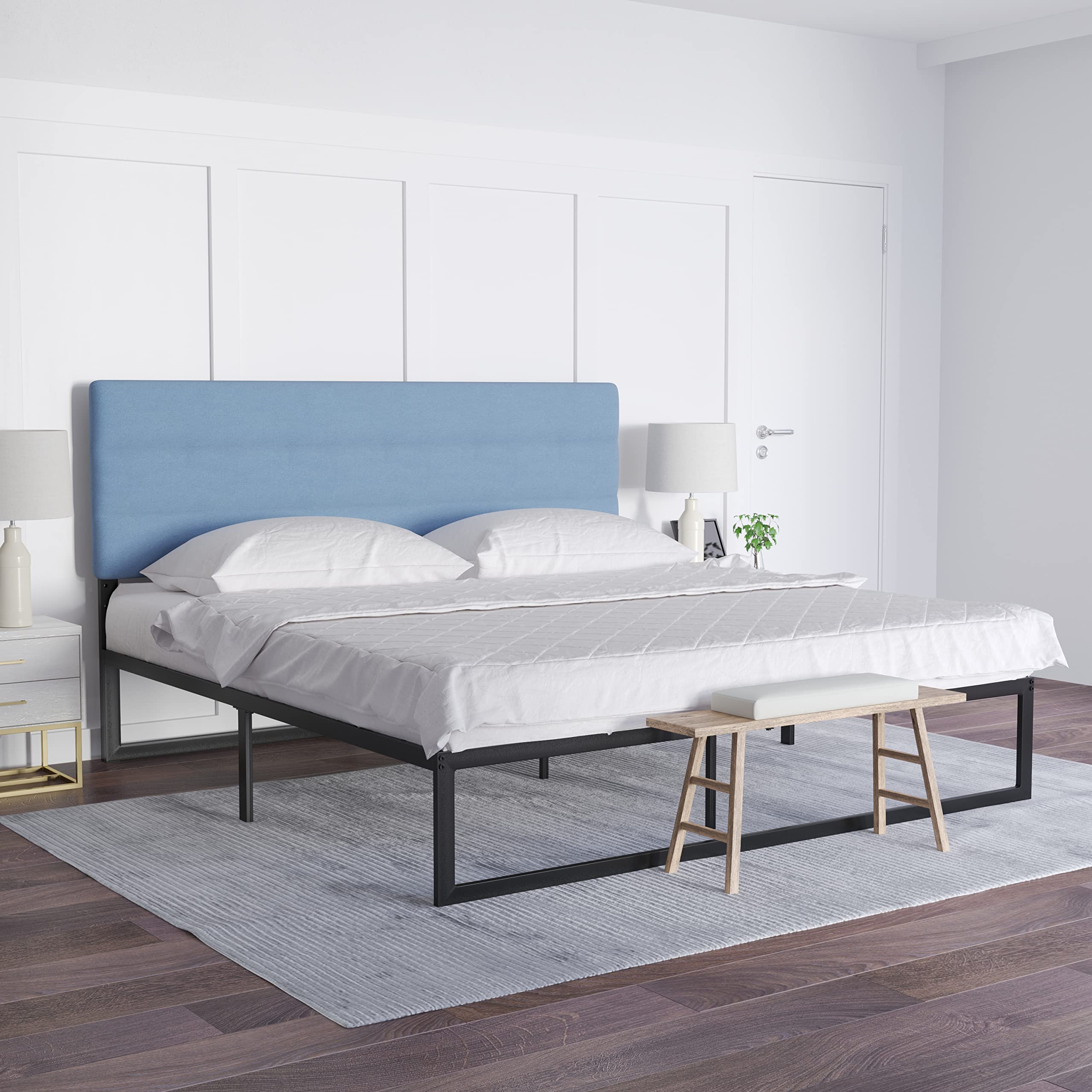 Emma & Oliver Gannon King Headboard - Blue Fabric Upholstered Adjustable Height Bed Headboard - Easy 30-Min Assembly - Fits Most Bed Frames (Not Included) - Perfect for Master Bedroom Decor & Guest Room Upgrade