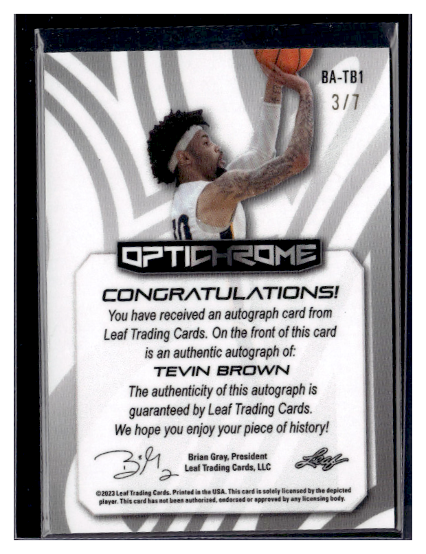 2022 Leaf Optichrome Basketball Tevin Brown Autograph Card #BA TB1 /7 - Rare Collectible for NBA Fans & Sports Memorabilia Enthusiasts - Perfect for Trading, Display, and Investment