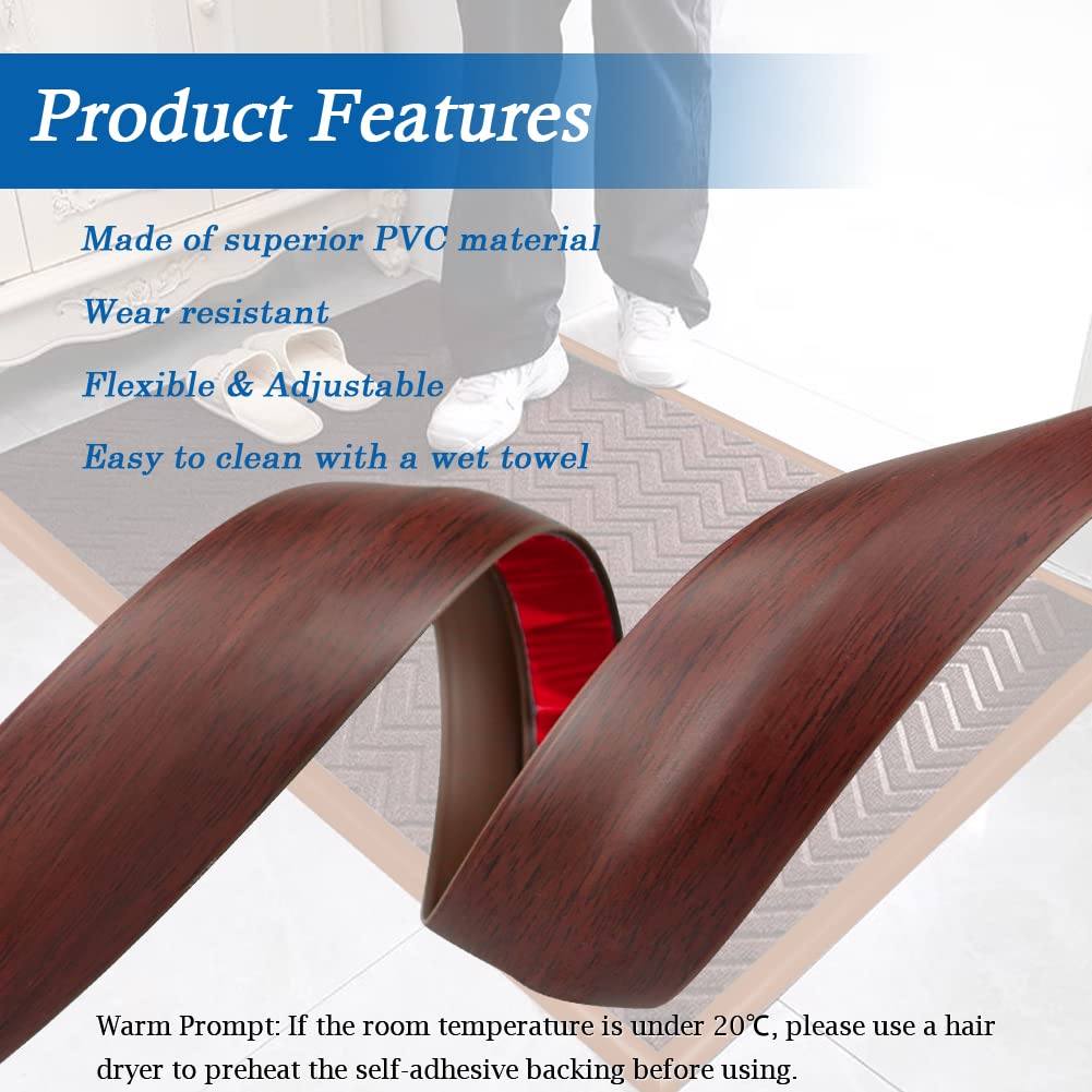 Self-Adhesive PVC Floor Transition Strip - Wood Grain Coffee, 3.3Ft - Smooth Carpet to Hardwood Flooring Threshold - Perfect for Doorways & Room Dividers Under 5mm Height - DIY Home Improvement Solution