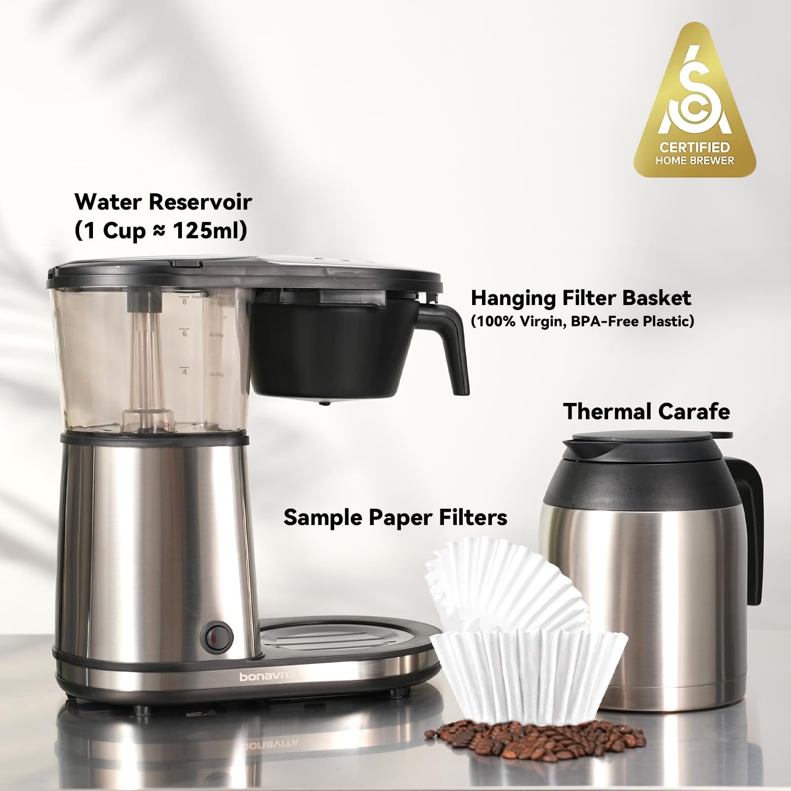 Bonavita BV1901TS 8 Cup Drip Coffee Maker - One-Touch Pour Over, Auto Pause Brewing with Stainless Steel Thermal Carafe - SCA Certified & Dishwasher Safe - Perfect for Home, Office & Coffee Shops