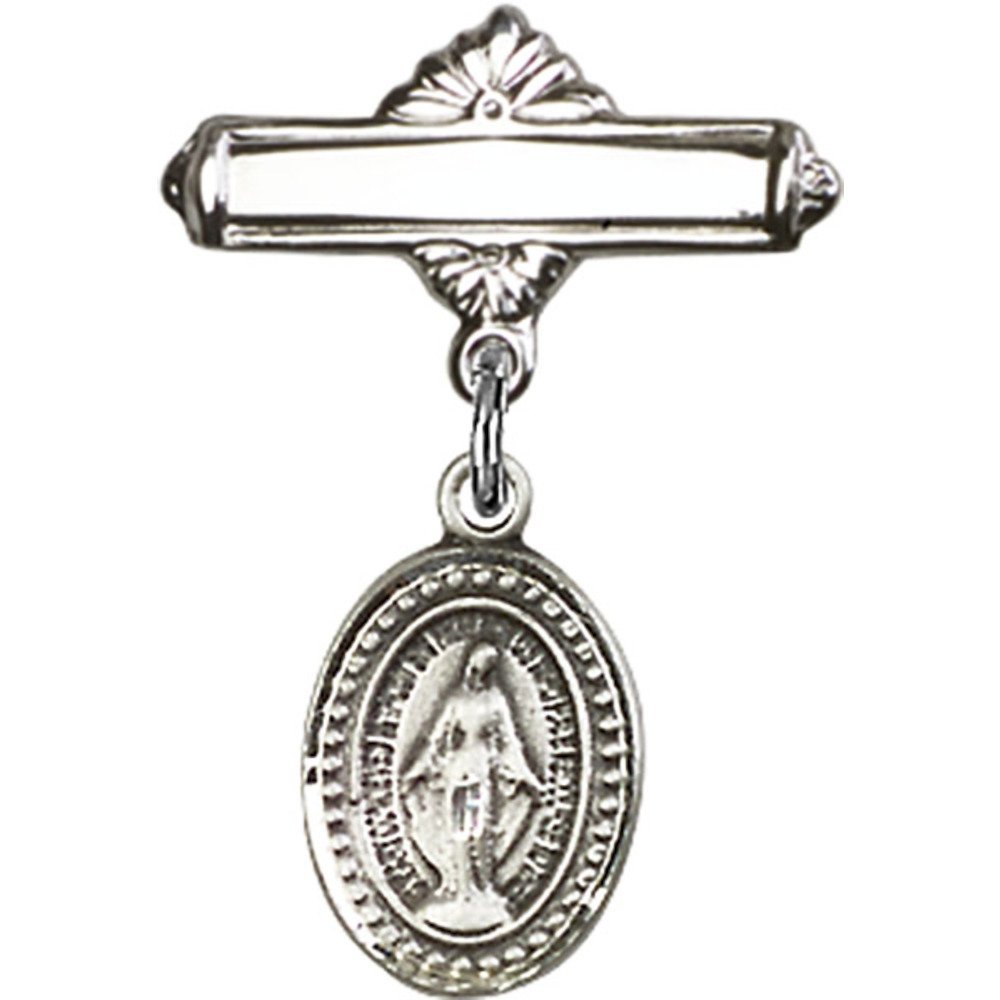 Bonyak Jewelry Saint Medal Collection - Sterling Silver Baby Badge with Miraculous Charm & Polished Pin (1 x 5/8 inches) - Perfect for Baptisms, First Communion Gifts & Religious Jewelry Collections