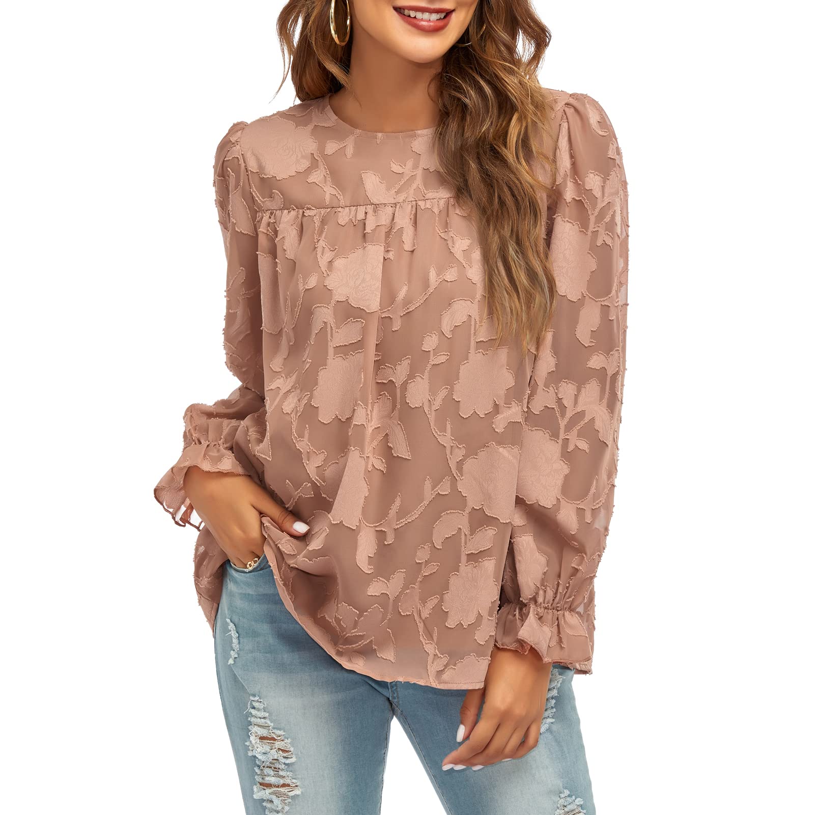 2023 Women's Floral Textured Long Sleeve Blouse - Elegant Crewneck Loose Fit Babydoll Top for Work & Casual Wear | Office, Date Night, Spring Outfits