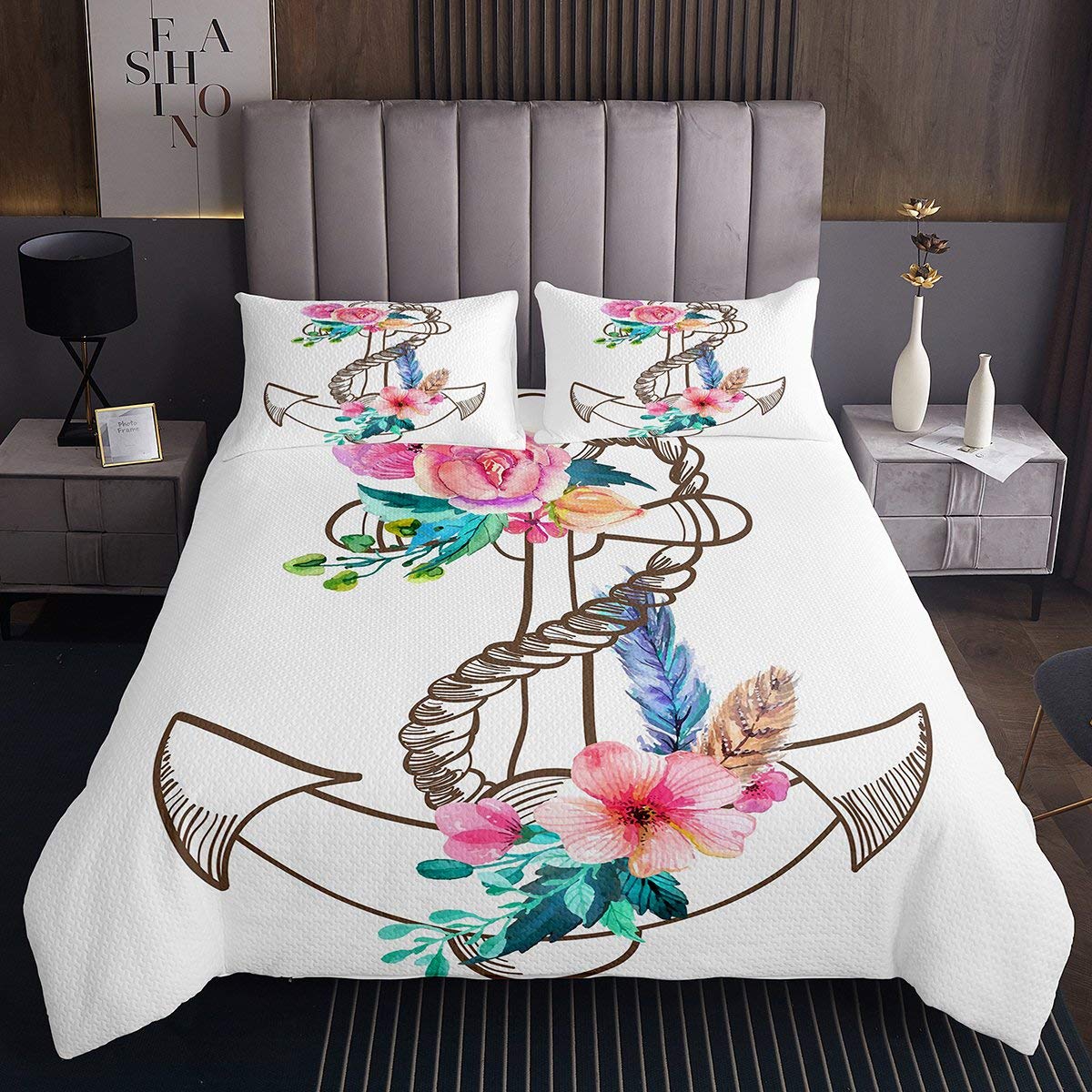 Erosebridal Nautical Anchor Quilt Set - Twin Size Cherry Blossom Bedspread for Kids, Teens & Adults | Trendy Feather Leaf Branch Design White Decor | Perfect for Coastal Bedrooms, Dorm Rooms & Guest Rooms