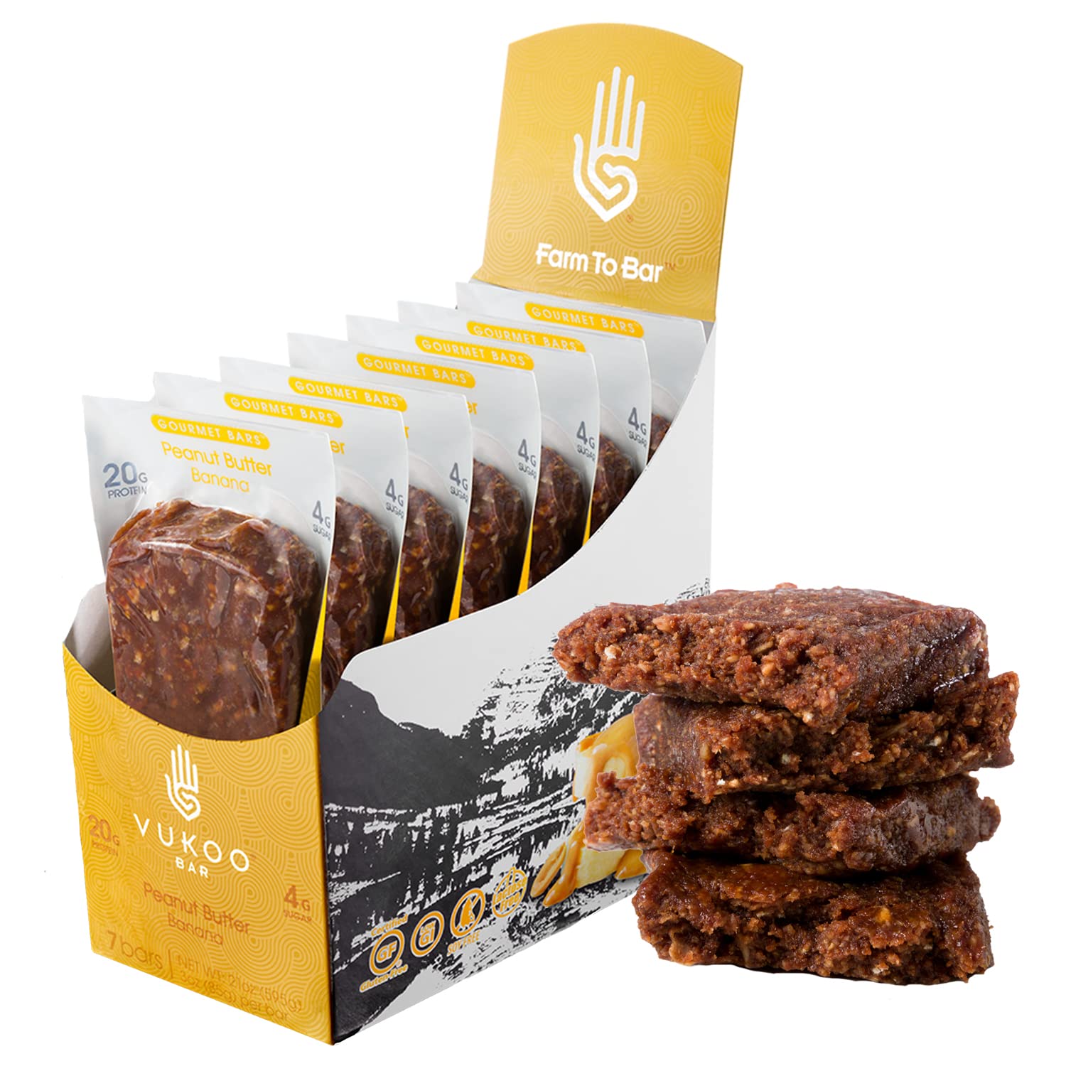 Vukoo Refrigerated Protein Bars - Peanut Butter Banana Flavor (28 Pack) | 20g Protein, Organic Oats, Low Sugar, High Fiber, Gluten Free | Healthy Snack for Gym, Hiking, Work & Weight Loss