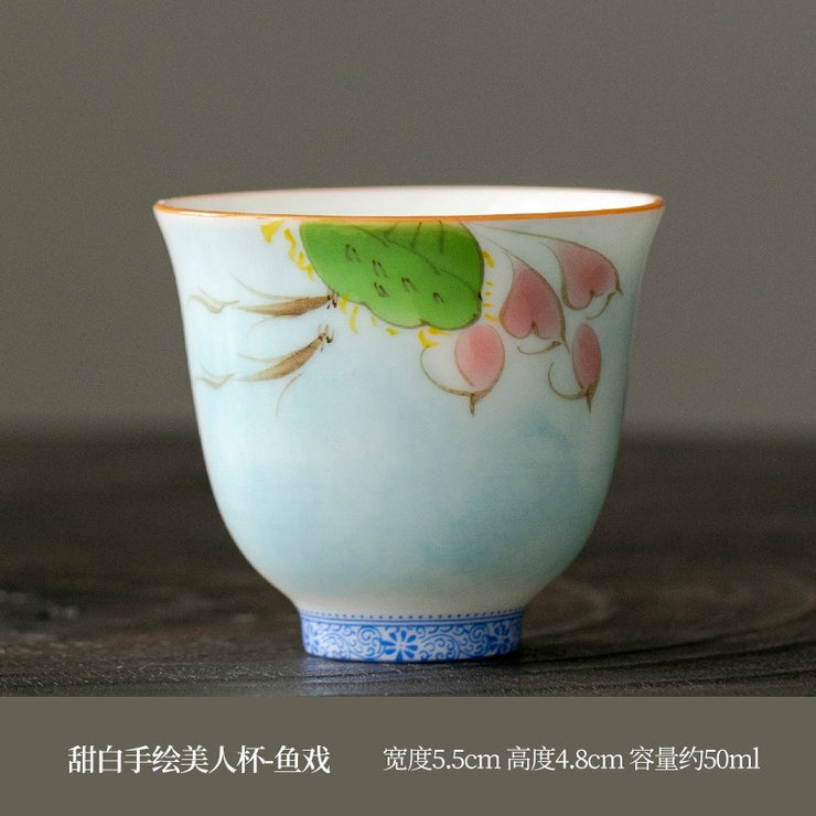 Hand-Painted Dehua White Porcelain Tasting Cups - 50ml Flower Fairy Design - Elegant Tea & Coffee Cups for Home, Office, and Gift Giving