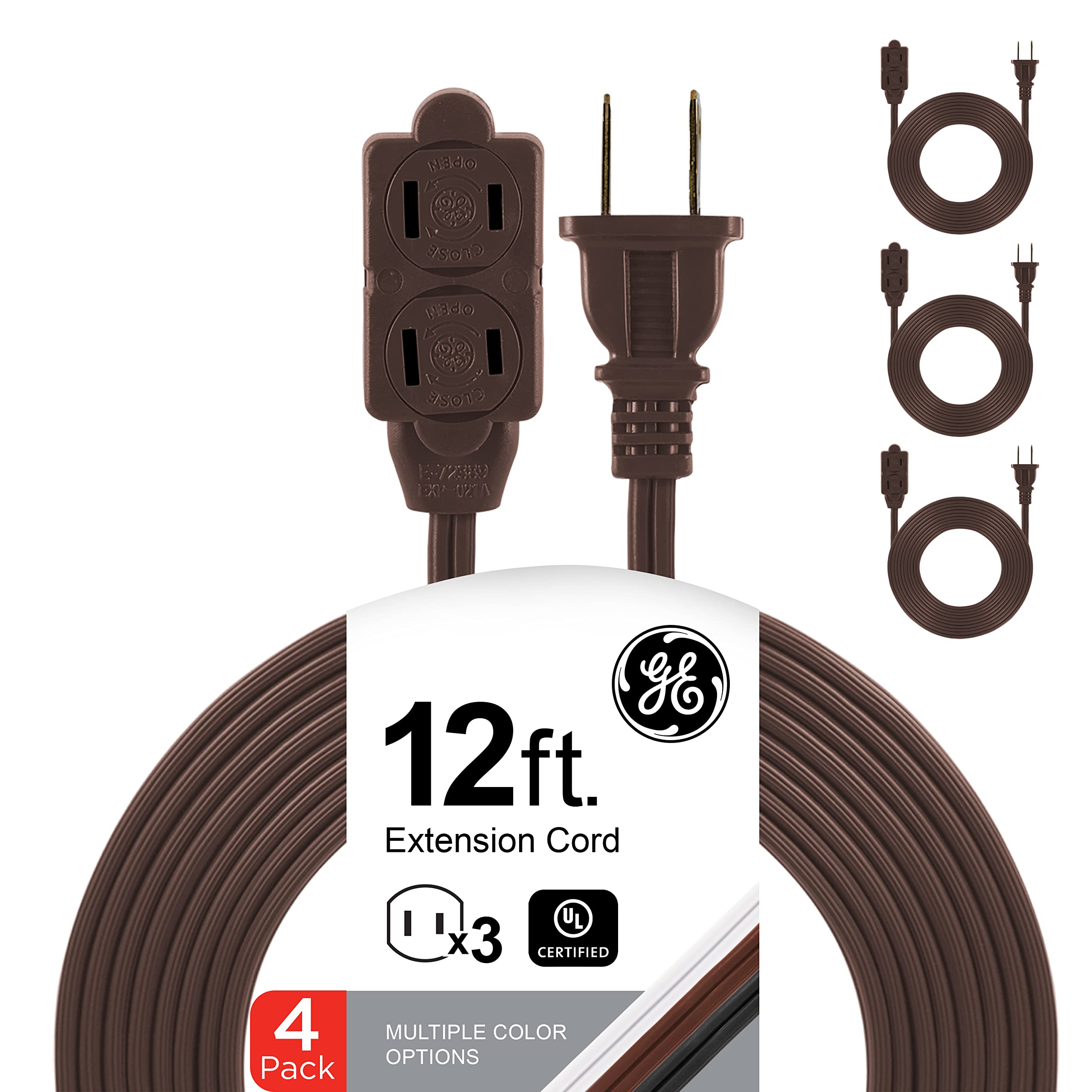 GE 3-Outlet Extension Cord Power Strip - 12 Ft Heavy Duty 16 Gauge Outdoor Extension Cord with Twist-to-Close Safety Covers (4 Pack, Brown, UL Listed) - Perfect for Home, Office, Garage, and Outdoor Use