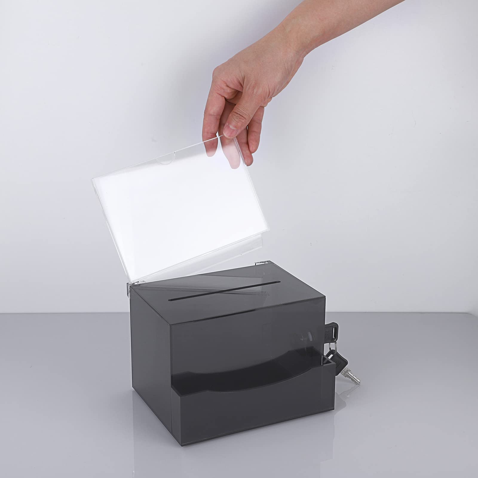 BTSKY Lockable Acrylic Suggestion Box with Sign Holder - Clear Black Donation Collection Box for Office Voting, Ballots & Mail - Secure Removable Slot for Signs & Documents | Ideal for Offices, Schools & Community Centers