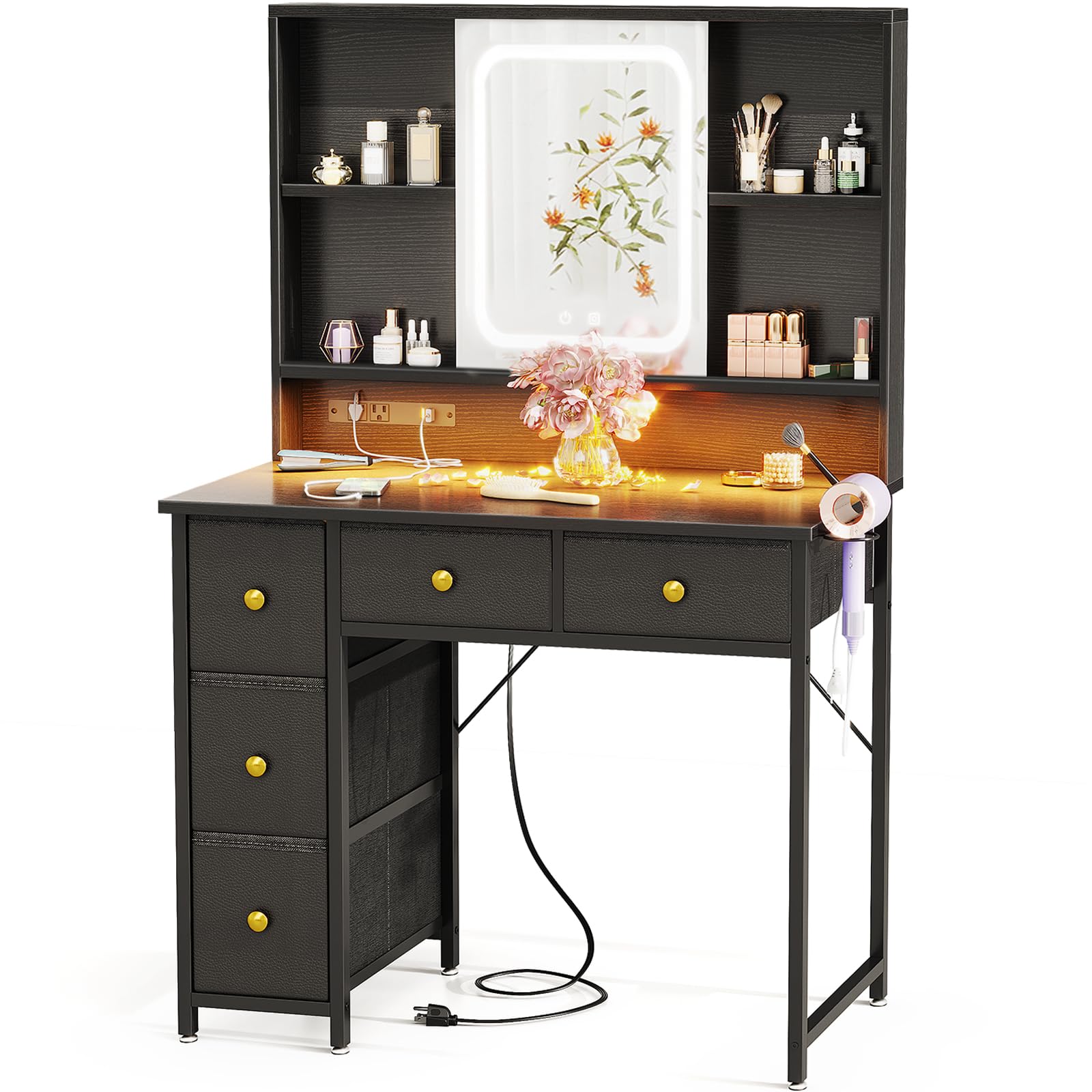AODK 36 Inch Black Makeup Vanity Desk with LED Mirror & RGB Lights - 5 Fabric Drawers Dressing Table for Girls - Perfect for Bedroom, Dorm Room & Home Beauty Salon