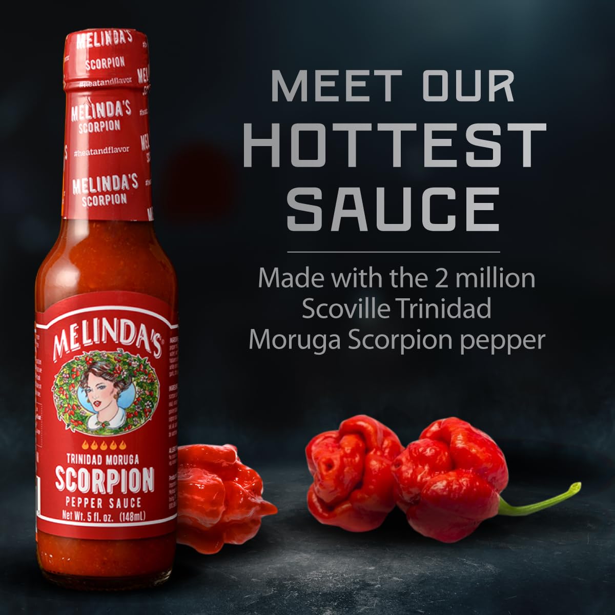 Melinda's Scorpion Pepper Hot Sauce - Gourmet Trinidad Moruga Scorpion Hot Sauce with Carrots, Onion & Lime Juice - Keto, Vegan, Gluten Free, Kosher Certified - 5oz Bottle (4-Pack) - Perfect for Tacos, Wings, Burgers & Spicy Food Lovers