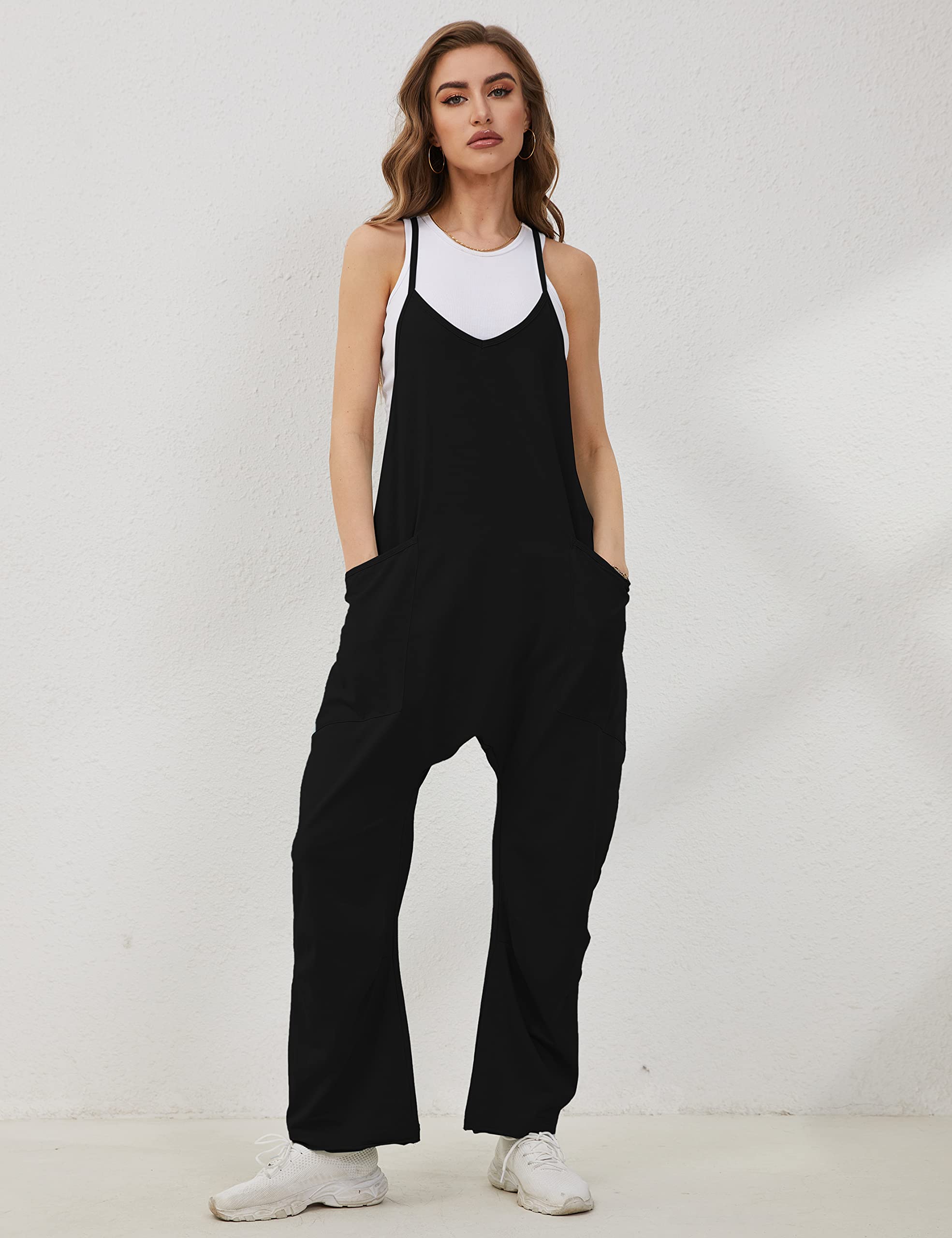 Lentta Women's Casual Jumpsuit - V Neck Sleeveless Romper with Adjustable Straps & Pockets | Stretchy Harem Overalls for Summer Outings, Beach Wear & Casual Fashion