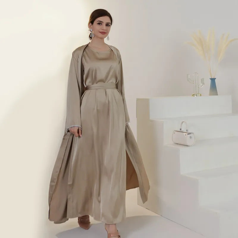 Elegant Muslim Women's Beaded Sleeve Satin Cardigan Open Abaya Dress for Eid, Wedding, Party & Special Occasions - Perfect for Islamic Celebrations, Festivals and Formal Events
