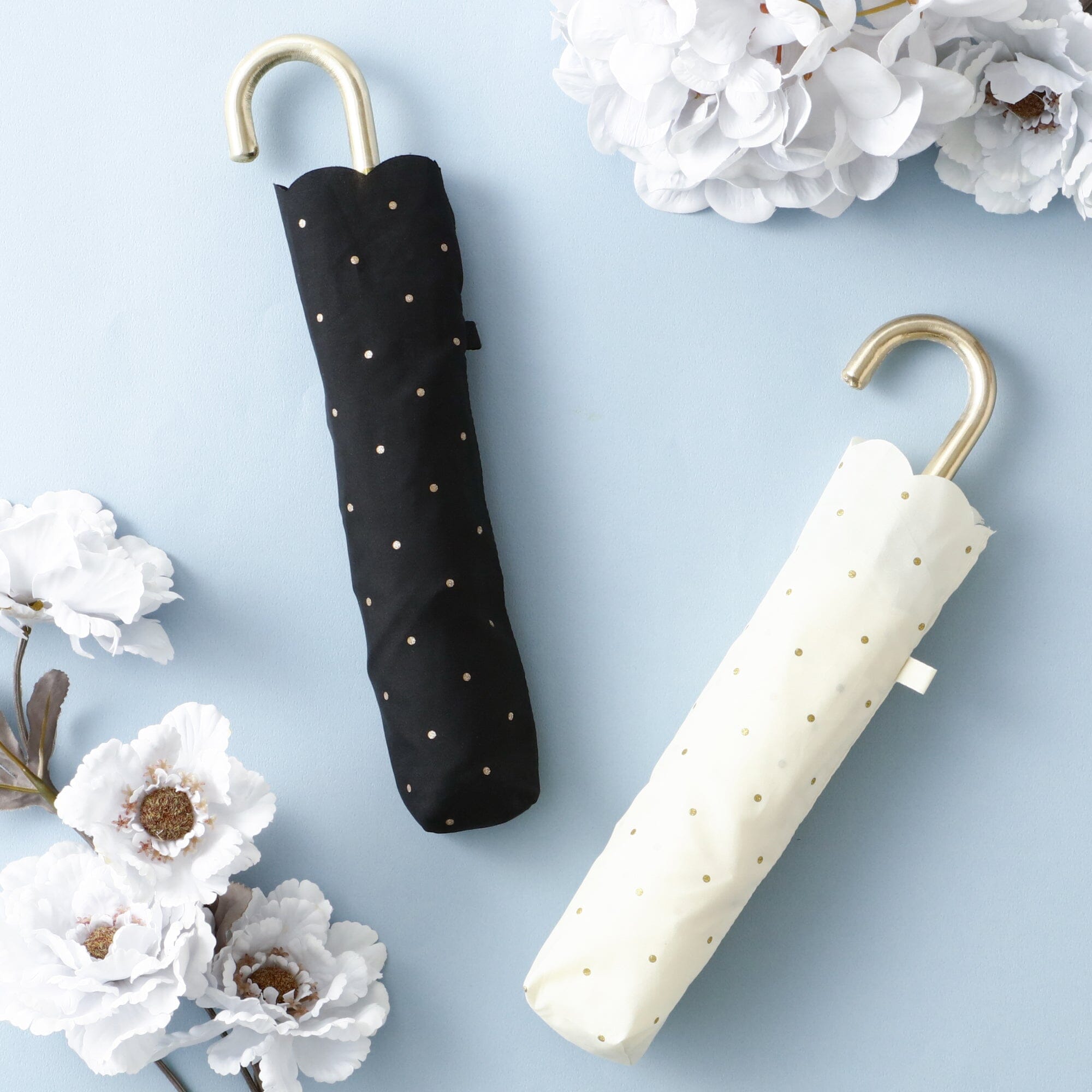 Dot Glitter Heat Cut Folding Umbrella - Stylish White Compact Travel Umbrella for Women, Rain & Sun Protection - Perfect for Commuting, Beach, and Outdoor Events
