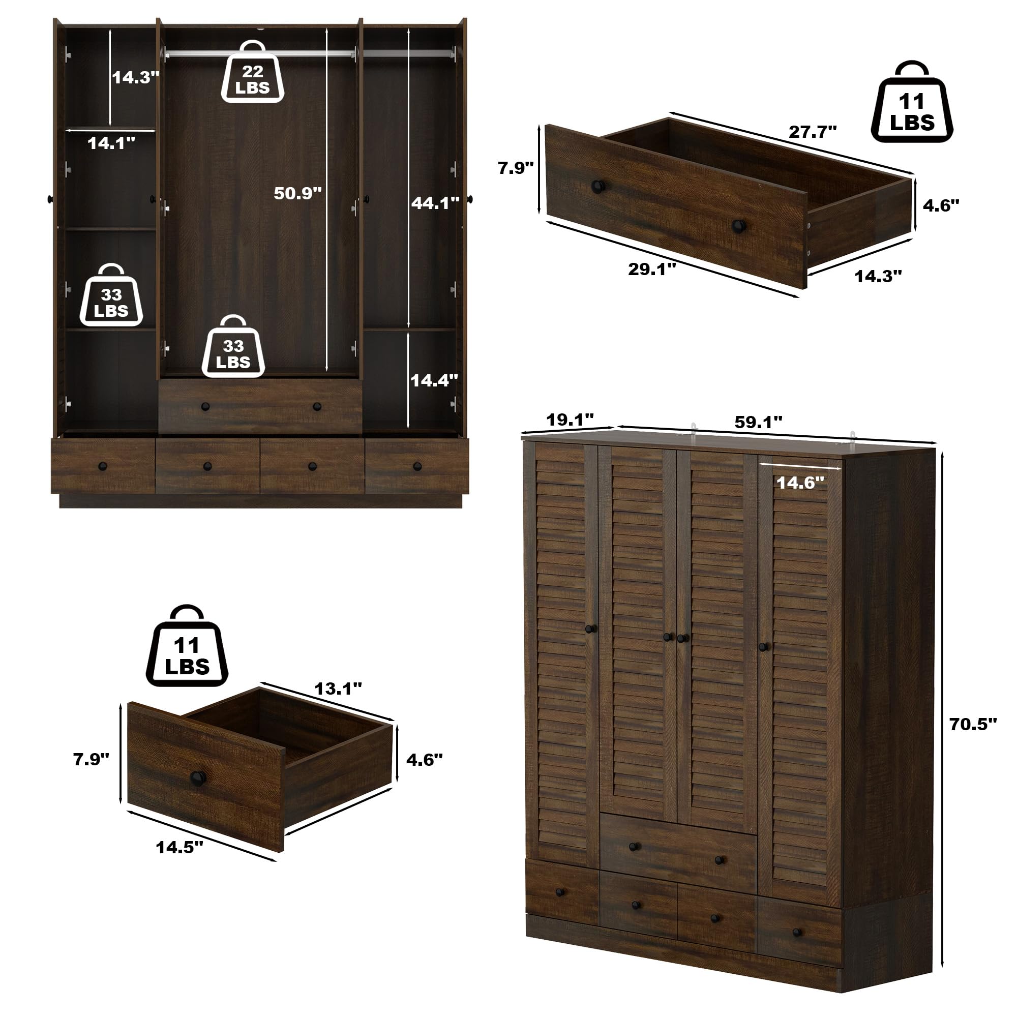 ECACAD Large Wooden Wardrobe Armoire with 5 Drawers, Multi-Tier Shelves & Hanging Rod - 4 Louver Door Closet Storage Cabinet for Bedroom (59.1”W x 19.1”D x 70.5”H) - Perfect for Organizing Clothes, Shoes & Accessories in Small Spaces