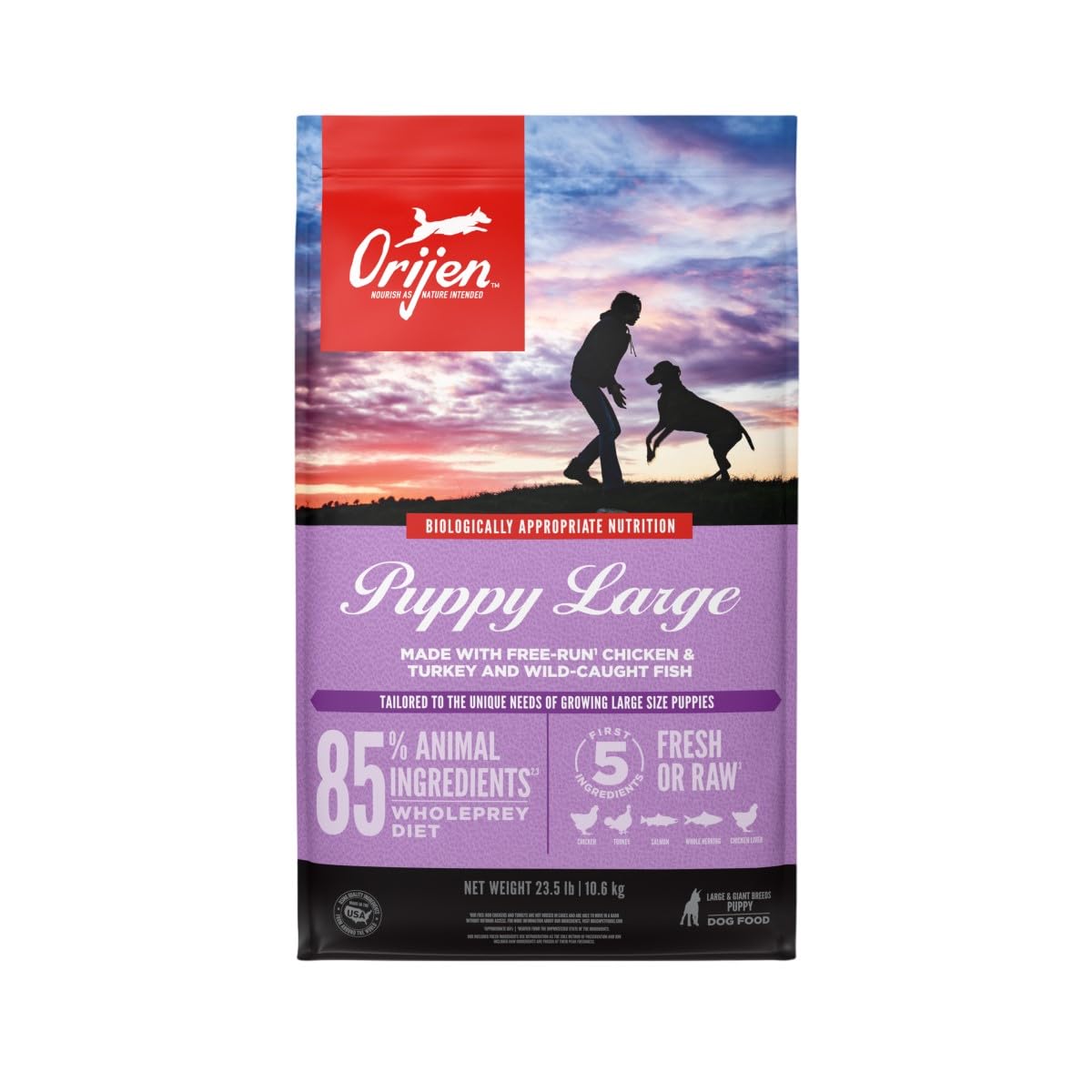 ORIJEN Grain-Free Puppy Large Breed Dry Dog Food - High Protein, Fresh & Raw Ingredients, 23.5lb Bag - Ideal for Growing Large Breed Puppies & Active Dogs