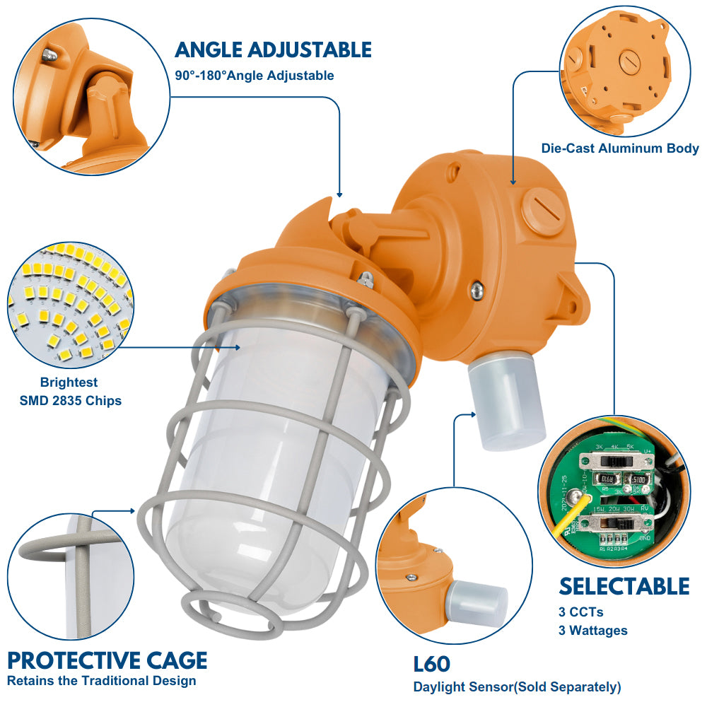 Waterproof LED Vapor Tight Light Fixture - 30W/20W/15W Jelly Jar Light - 3,480 Lumens - 50K/40K/30K CCT Selectable - 120-277V - 150W Equivalent - Ideal for Garages, Basements, Workshops & Outdoor Areas