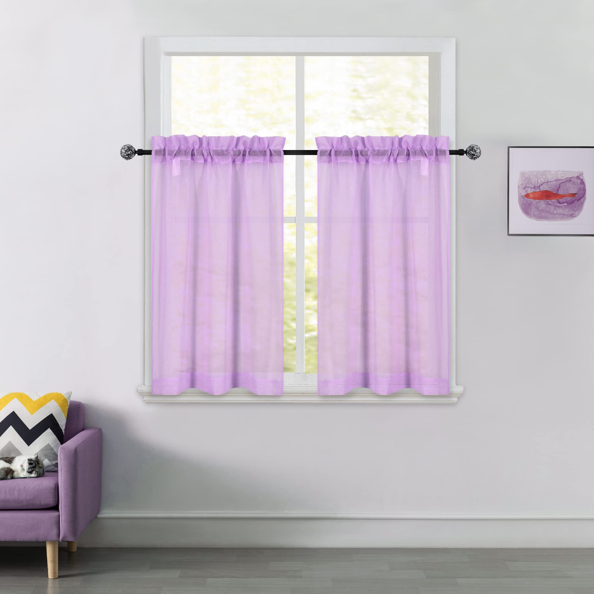 Dualife 36 Inch Purple Sheer Kitchen Curtains - Semi-Sheer Tier Cafe Curtains with Linen Look for Privacy, Bathroom, Basement & Small Windows (34x36 Inches, Lilac) - Perfect for Kitchen Decor, Bathroom Windows & Cozy Home Styling
