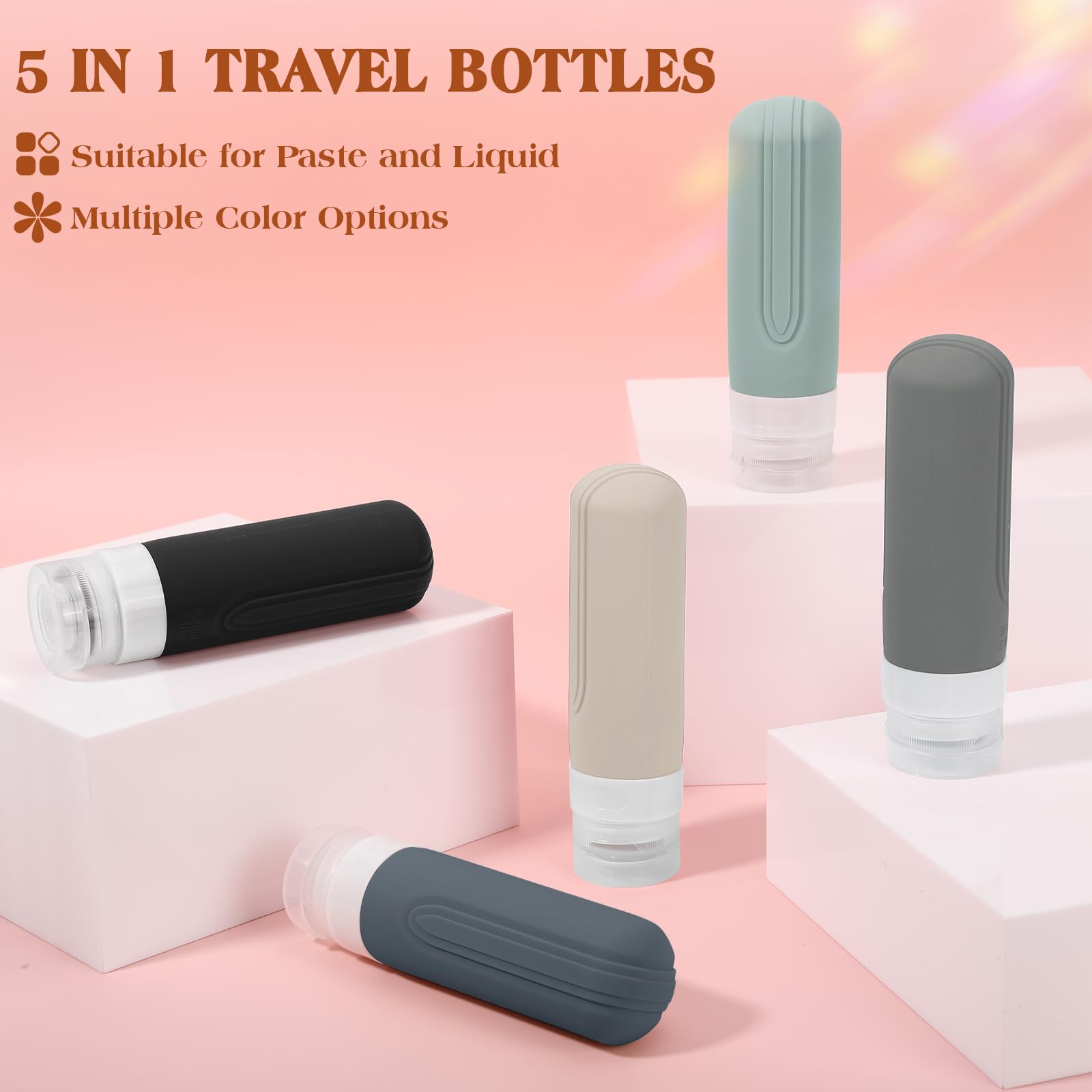 5 Pack TSA Approved Leak Proof Travel Bottles for Toiletries - 3oz Refillable Silicone Containers for Shampoo, Conditioner & Lotion - Perfect for Air Travel, Gym, Camping & Vacation Essentials