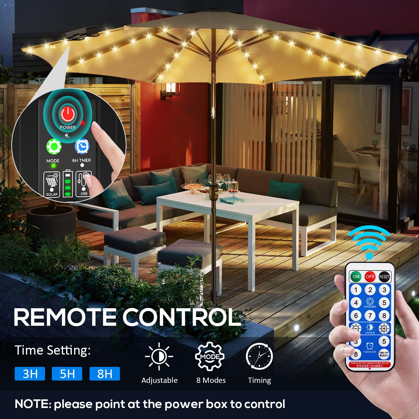 Solar Powered Patio Umbrella Lights - 8 Lighting Modes with Remote Control, Waterproof Outdoor String Lights for Garden, Beach, Tent & Party Decorations | Perfect for Patio Dining, Backyard BBQs and Evening Gatherings
