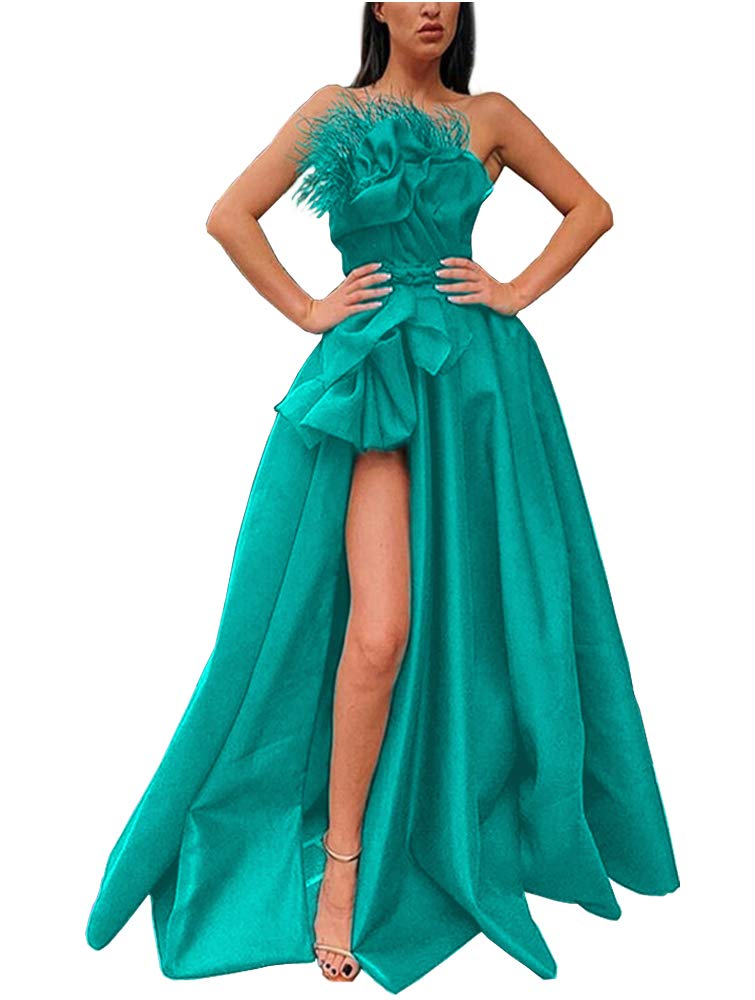 Promworld Women's Feather Strapless Ruffled Prom Dress with High Slit - Elegant Long Evening Gown for Homecoming, Formal Dances & Special Occasions