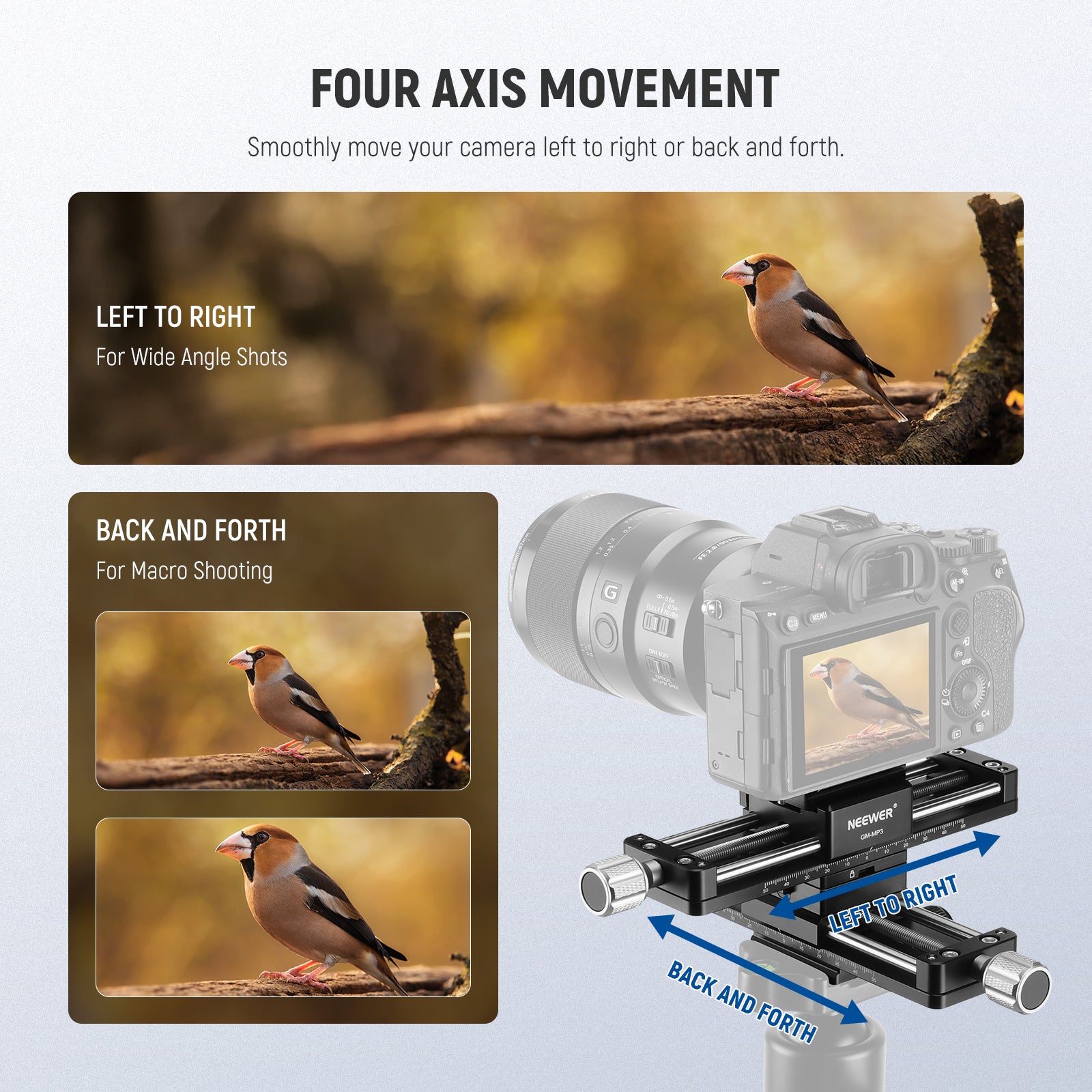 NEEWER GM MP3 4-Axis Macro Focusing Rail Slider for DSLR Camera - Precision Macro Photography & Focus Stacking Accessory for Product, Jewelry & Nature Shots