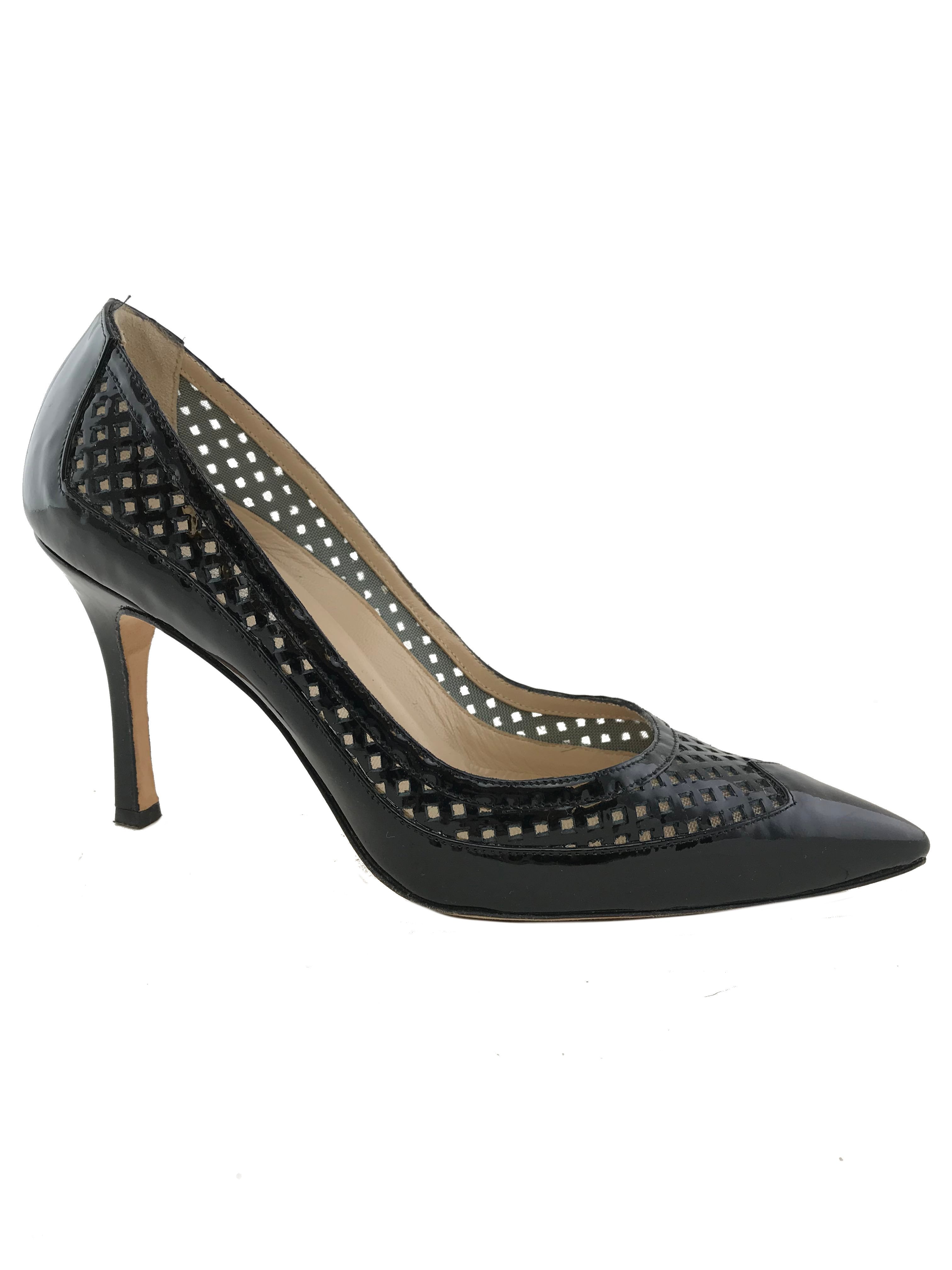 Manolo Blahnik Women's Patent Leather Laser Cut Pointed Toe Pumps - Size 7.5 US | Elegant High Heel Shoes for Weddings, Parties & Office Wear