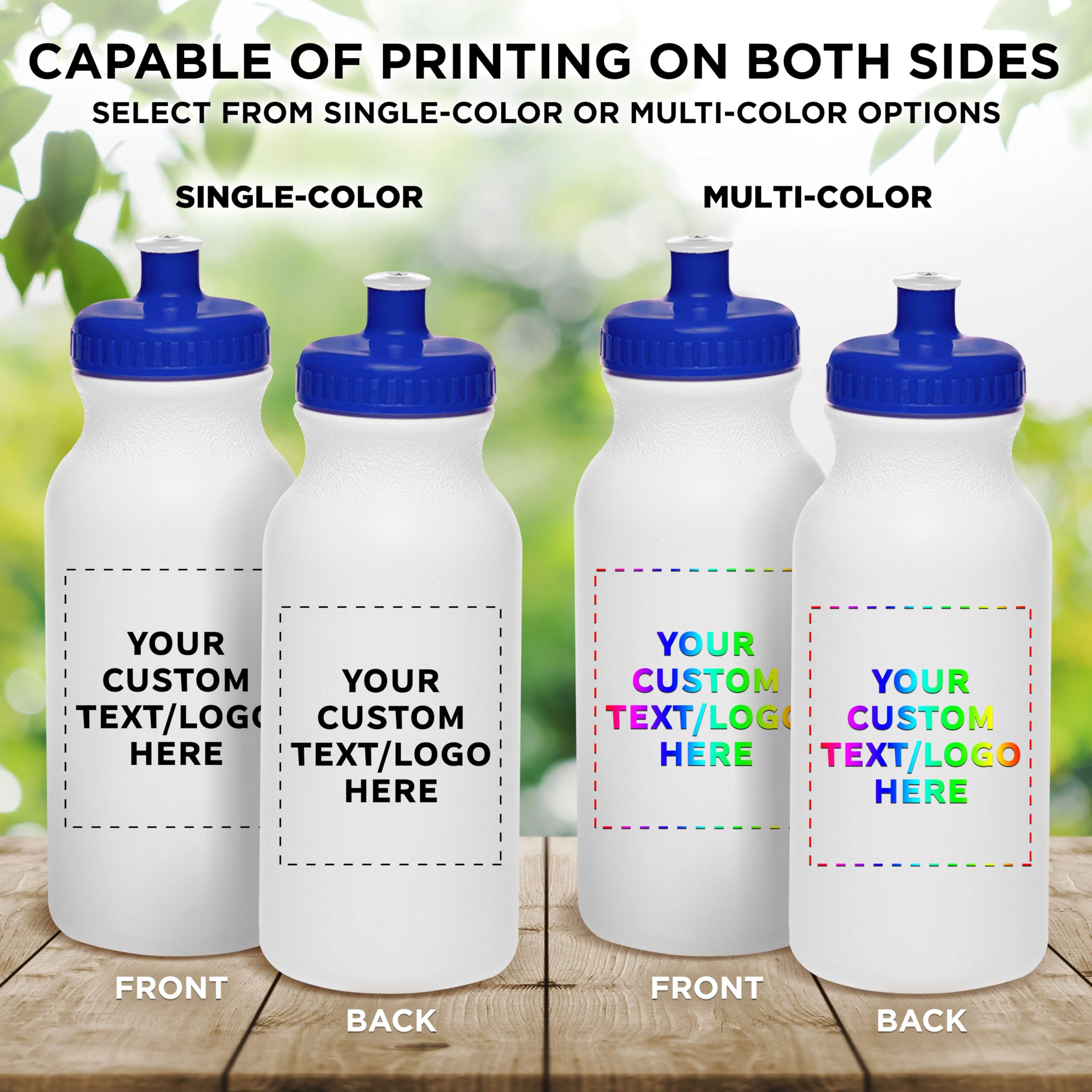 Custom White Water Bottles with Push Cap - 50 Pack, Personalized Text & Logo, 20oz BPA-Free Reusable Squeeze Bottles in Bulk (White/Blue) - Perfect for Promotions, Events, Gyms & Outdoor Activities