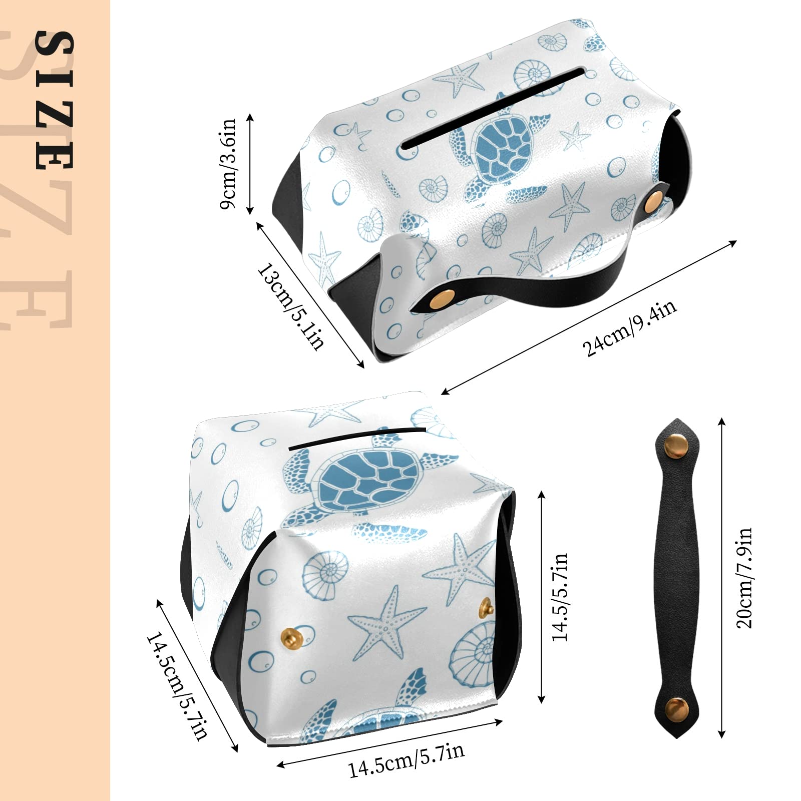 Blue Sea Turtle Starfish Ocean-Themed Leather Tissue Box Cover with Handle - Waterproof Bathroom Vanity Decor for Home, Office, Car (5.7x5.7x5.7 in) | Perfect for Coastal Beach House Decor & Nautical Gift Ideas