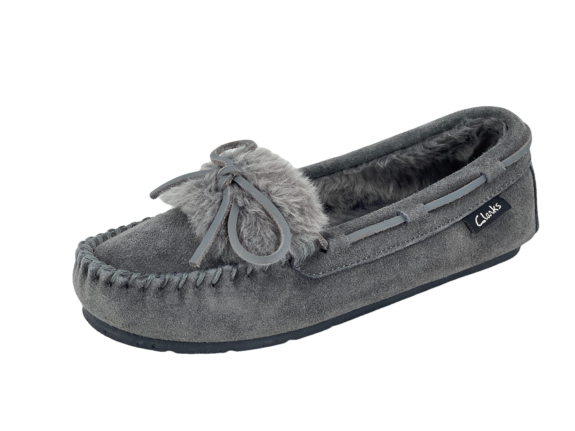 Clarks Women's Folded Tongue Suede Leather Moccasin Slippers ICH30746C - Plush Faux Fur Lined Indoor/Outdoor House Shoes - Comfortable Casual Footwear for Women at Home, Office & Travel