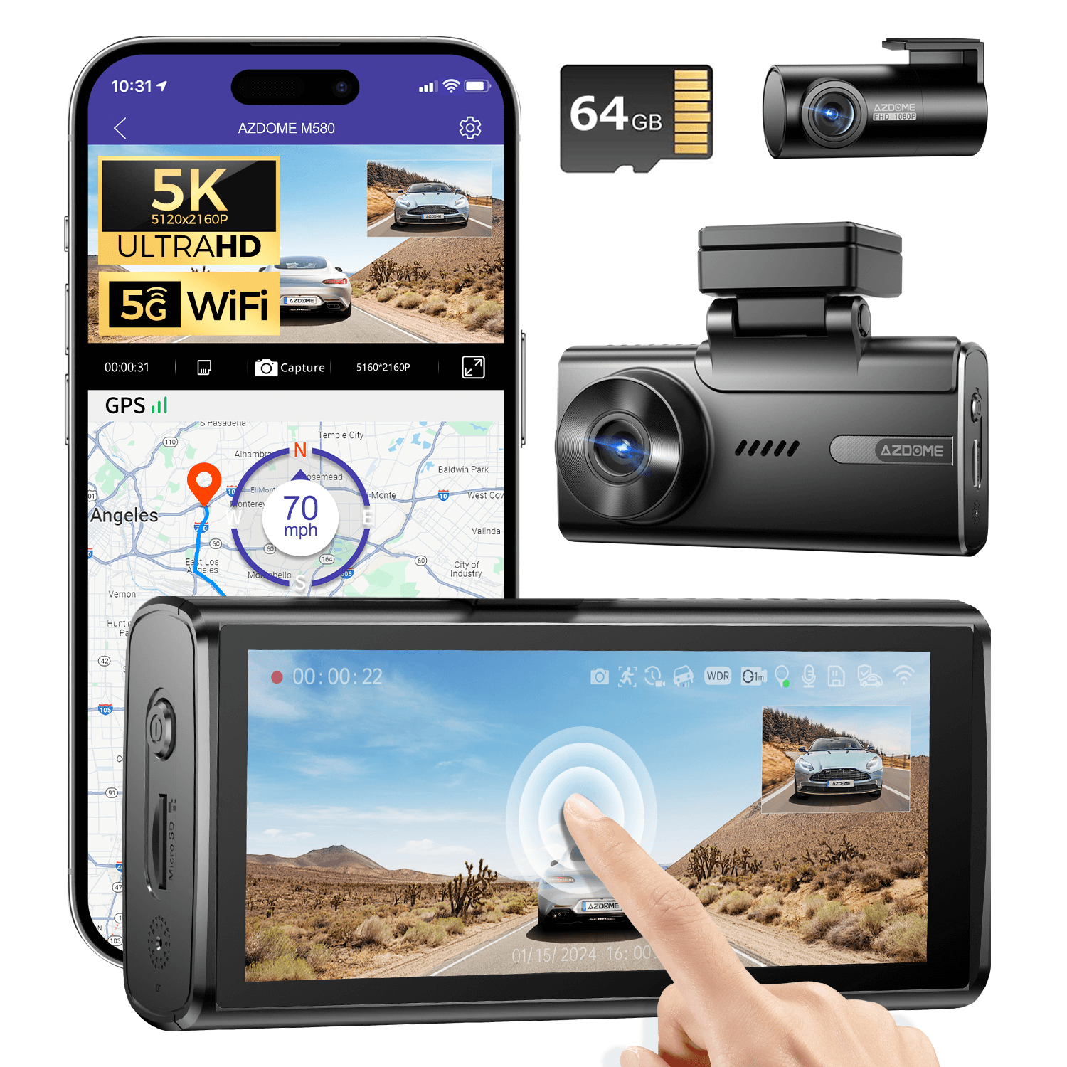 AZDOME M580 2CH 5K Dash Camera with 4