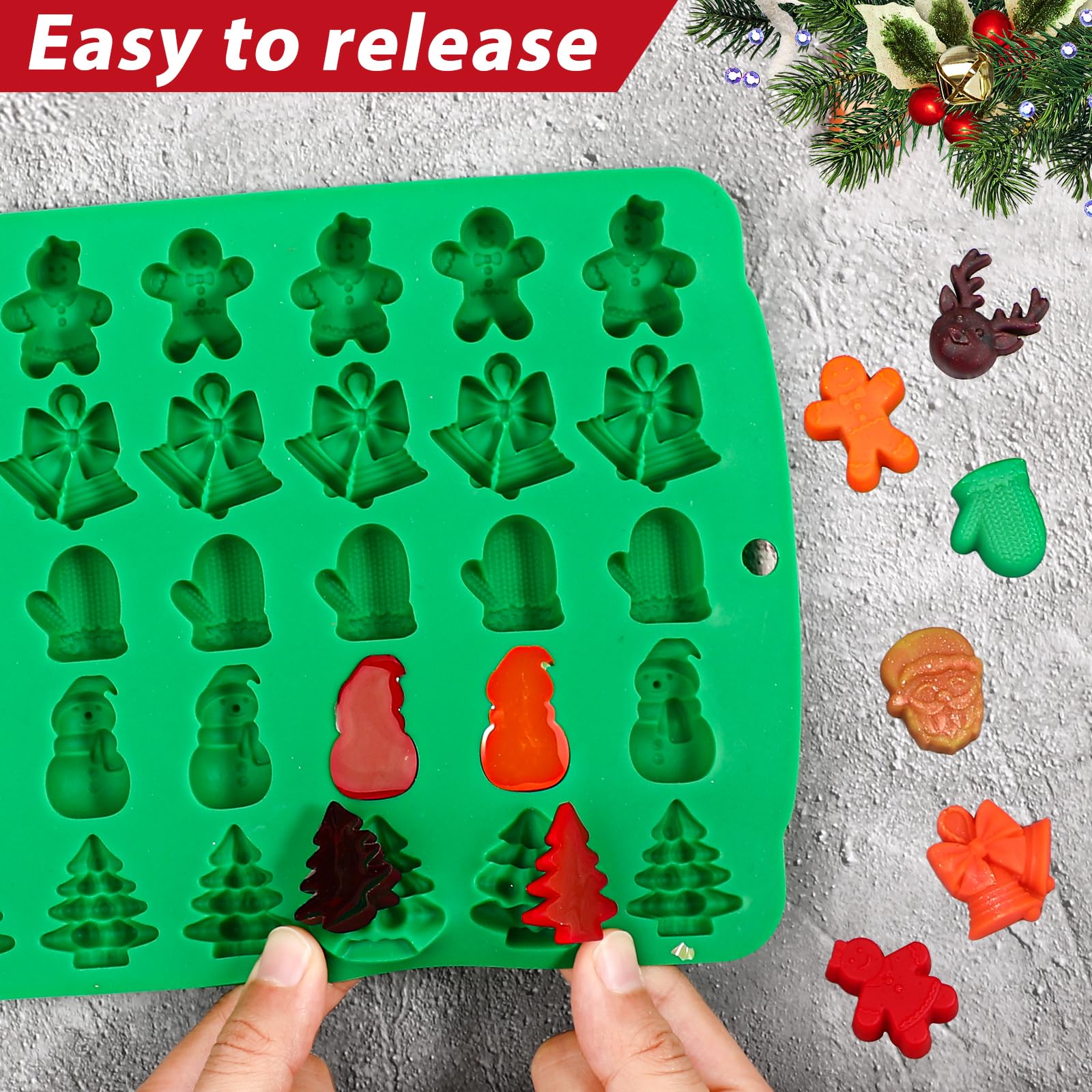 2-Piece 30-Cavity Christmas Candy Molds Set - Red & Green Silicone Gummy & Chocolate Molds for Holiday Baking, DIY Treats & Festive Desserts - Perfect for Christmas Parties, Gift Making & Seasonal Crafts