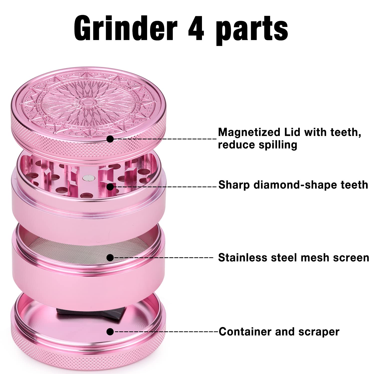 Premium Spespo 2.5 Inch (63mm) Aluminum Herb Grinder with Floral Design - 4 Piece Large Grinder with Pollen Scraper (Pink) - Perfect for Grinding Herbs, Spices & Tobacco at Home or On-The-Go