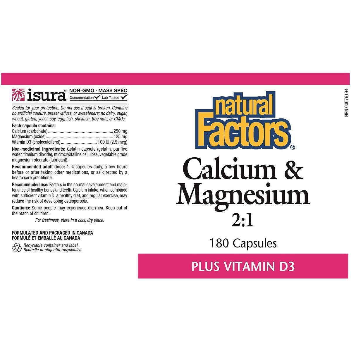 Natural Factors Calcium & Magnesium 2:1 Ratio with Vitamin D3 - 180 Capsules | Bone Health Supplement for Strong Bones & Joint Support | Daily Use for Adults & Seniors
