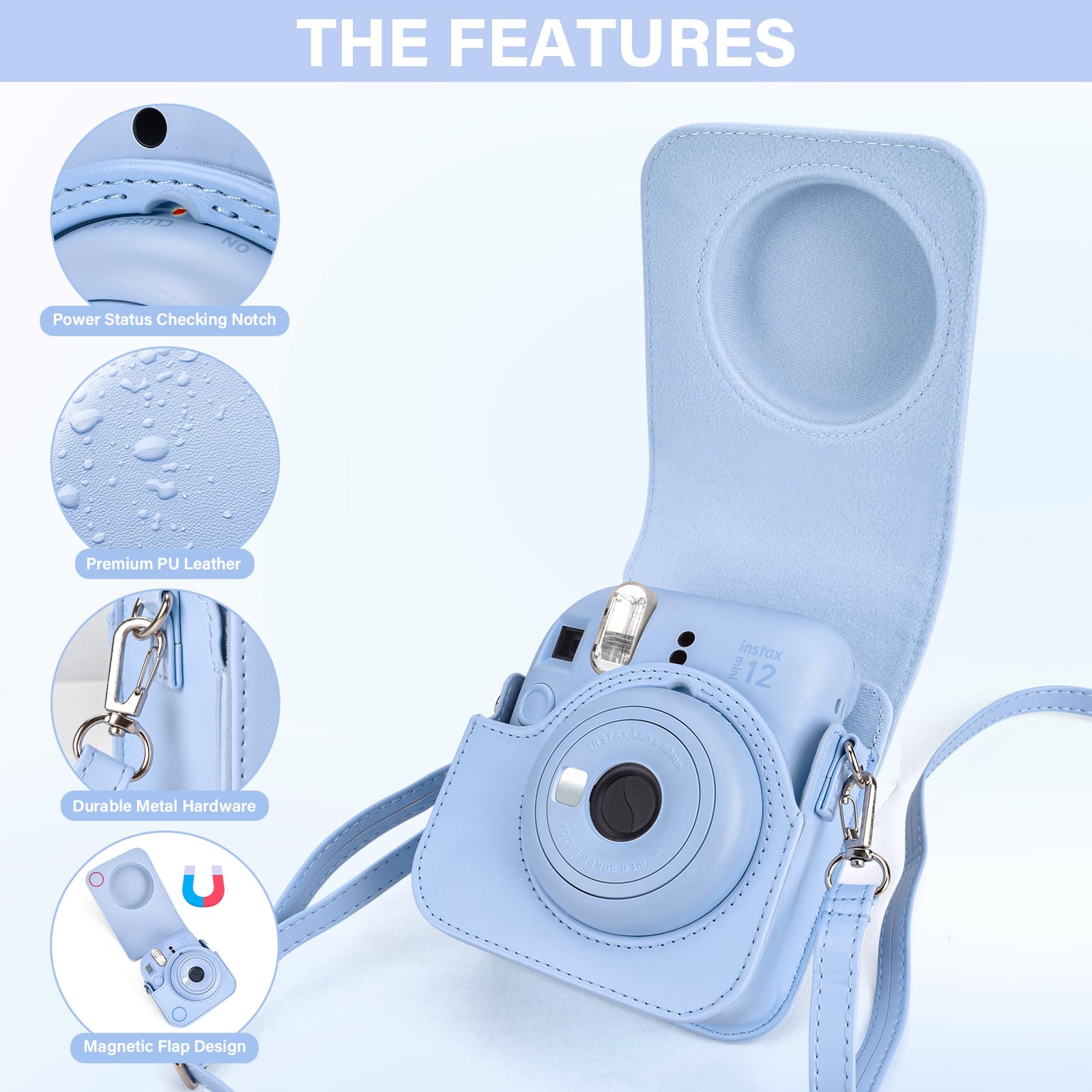 Premium Leather Case & Photo Album for Fujifilm Instax Mini 12 - Protective Carry Bag with Storage Pocket, Keychain Photo Holder & Adjustable Shoulder Strap (Pastel Blue) - Perfect for Travel, Parties & Memory Keeping