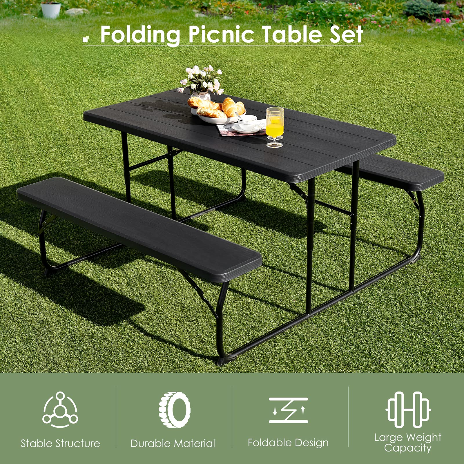 Renatone Folding Picnic Table - Portable Outdoor Dining Table for Camping, Beach, Backyard & Patio - Compact & Lightweight - Black
