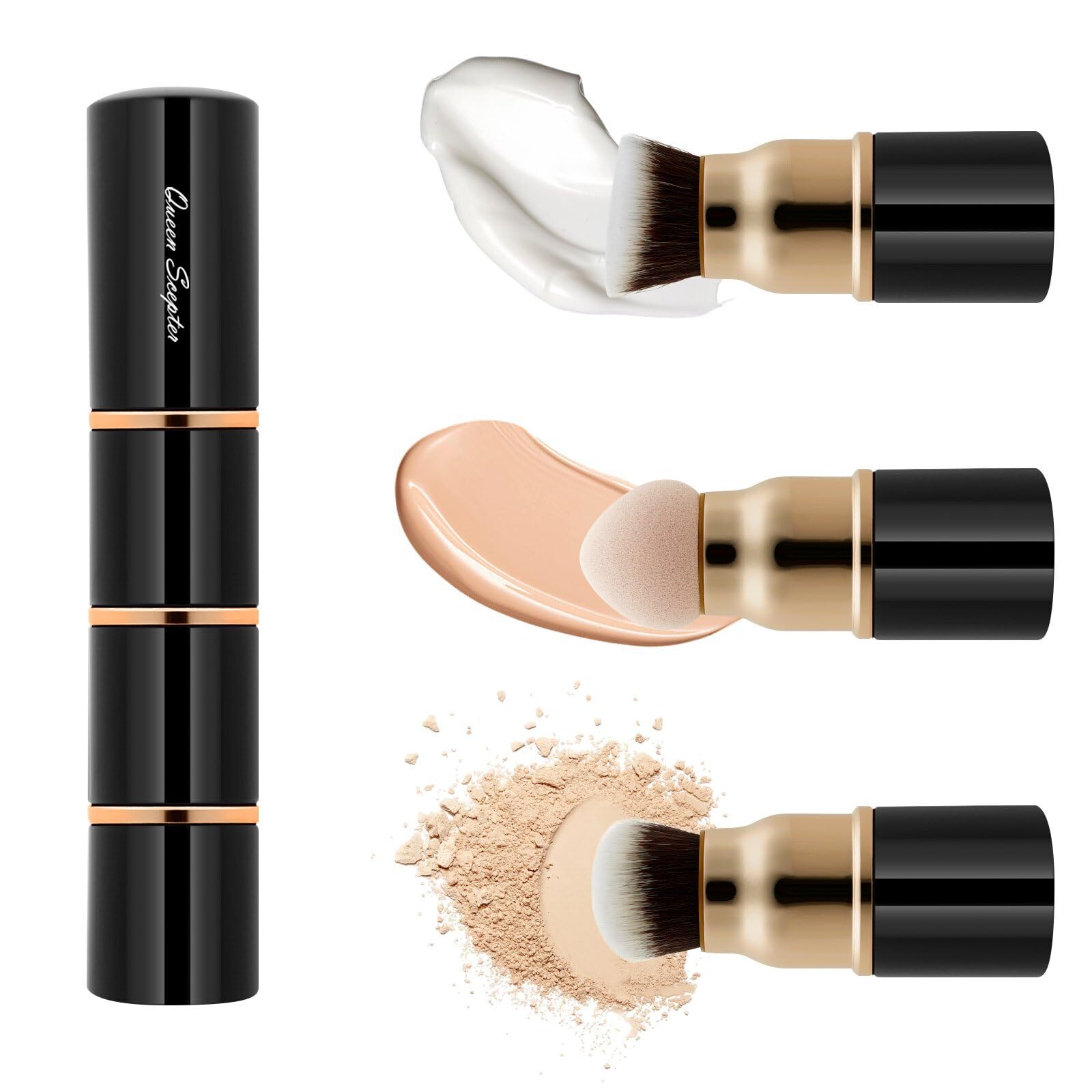 3-in-1 Professional Makeup Brush Set - Kabuki Foundation Brush, Blush Brush & Powder Sponge for Liquid, Cream & Powder Cosmetics | Travel-Friendly with Protective Cap | Perfect for Everyday Makeup & On-the-Go Touch-Ups