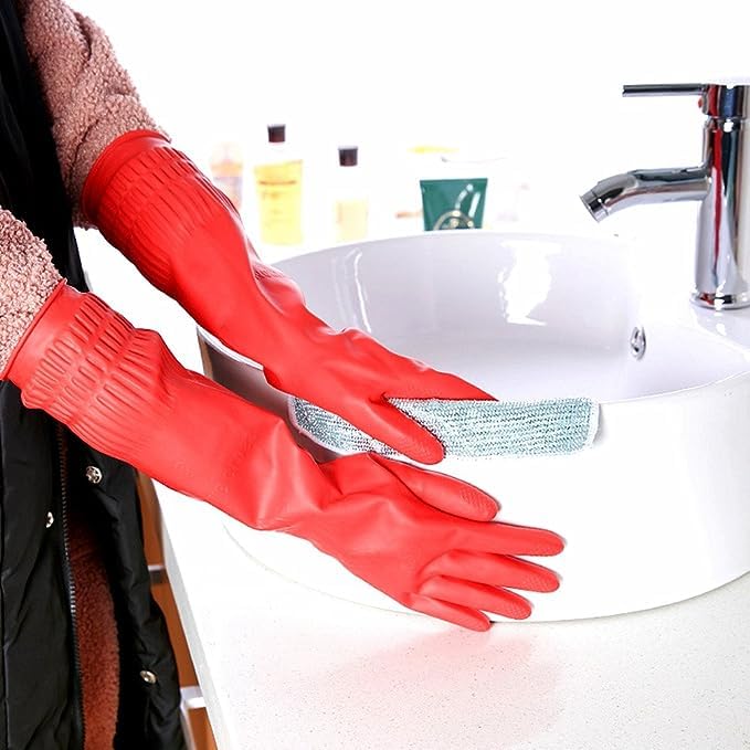 QTM Rubber Cleaning Gloves - Waterproof Reusable Dishwashing Gloves (1 Pair) - Perfect for Kitchen Cleaning, Dish Washing & Household Chores