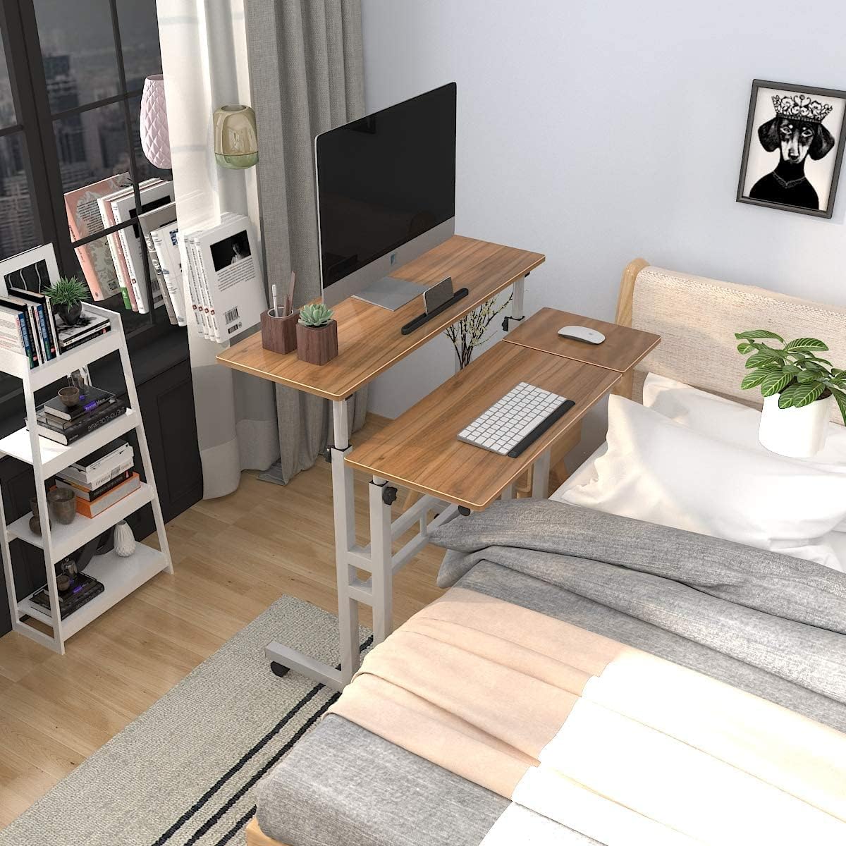 SogesPower Adjustable Laptop Desk for Bed & Sofa - 2-Tier Mobile Computer Stand with Side Table, Oak Finish | Perfect for Home Office, Remote Work & Cozy Workspaces