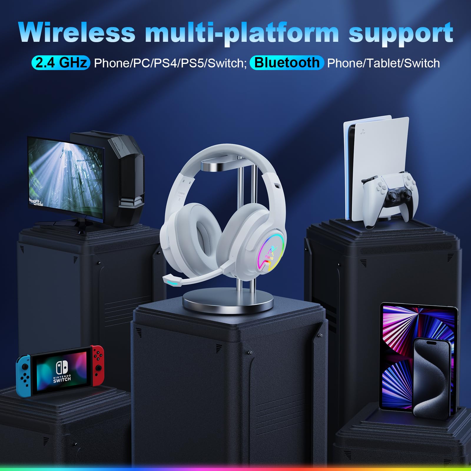 PG3 RGB Wireless Gaming Headset for PS4, PS5, PC & Mac - 2.4GHz 7.1 Surround Sound Bluetooth Headphones with Detachable AI Noise-Canceling Mic, 48H Battery Life for Laptop, Nintendo Switch (White) | Perfect for Competitive Gaming, Streaming & Online Meetings