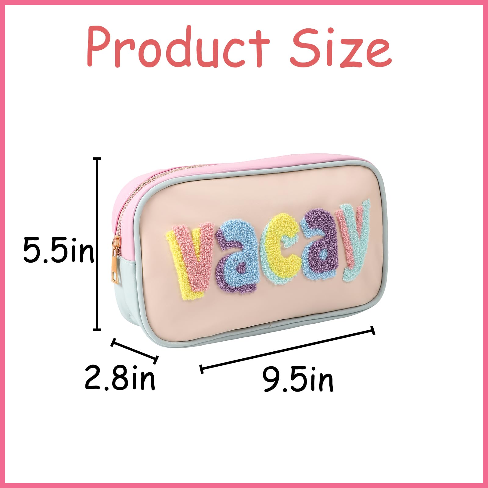 **Personalized PU Leather Chenille Letter Makeup Bag – Waterproof Cosmetic Bag with Zipper for Women & Girls | Preppy Travel Organizer & Toiletries Pouch (03 VACAY) – Perfect for Vacations, Gym, and Daily Essentials Storage**