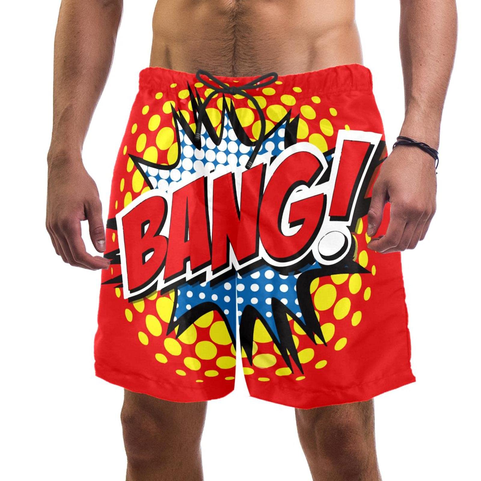 Men's Beach Shorts - Elastic Swim Trunks with Bang! Comic Print | Quick-Dry Board Shorts for Swimming, Surfing & Summer Vacations