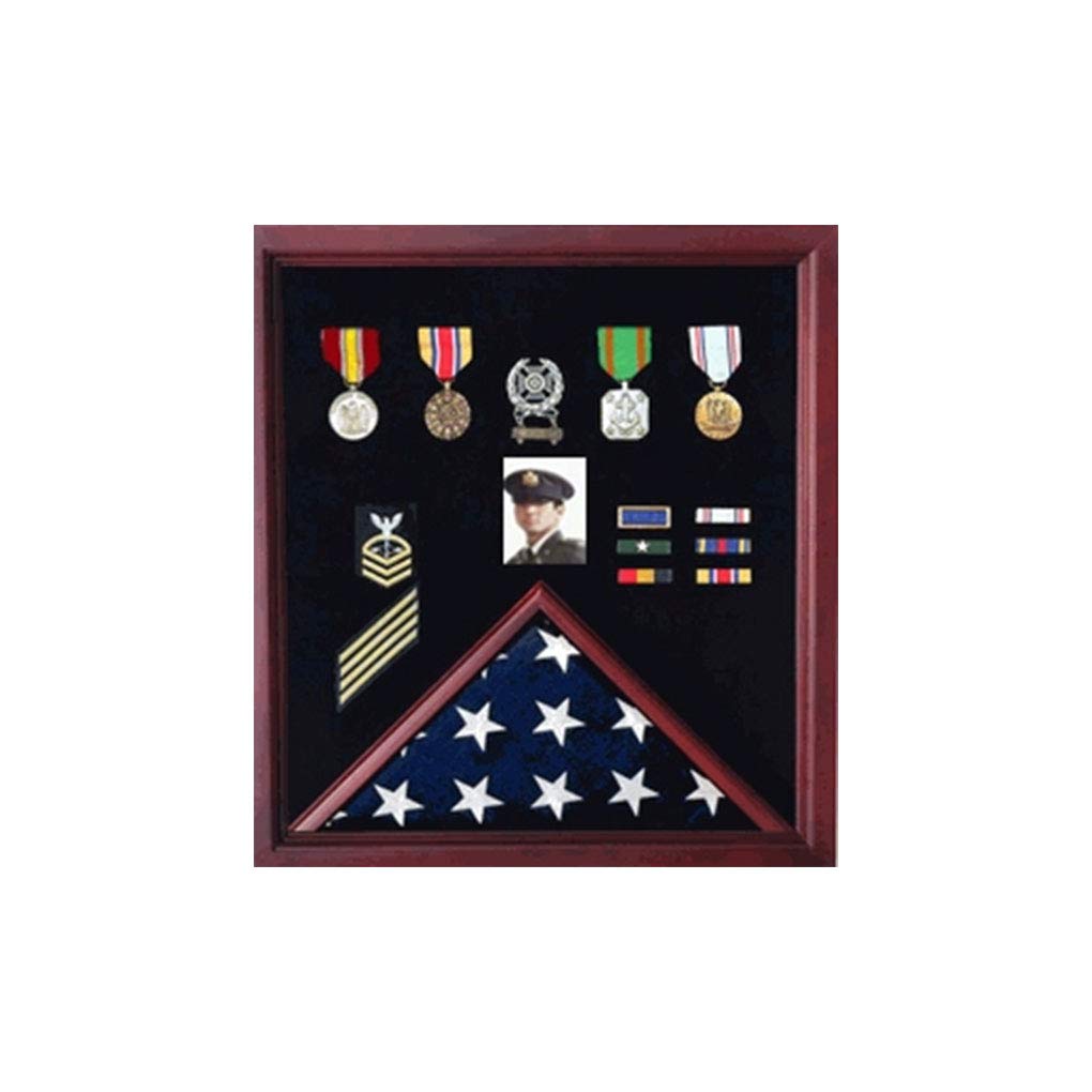 Flag Photo and Badge Display Case - Oak, Cherry, Walnut or Black Wooden Frame - Perfect for Military Memorabilia, Police Badges & Family Keepsakes